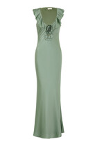Neck Ruffles and Rose Applique Maxi Dress