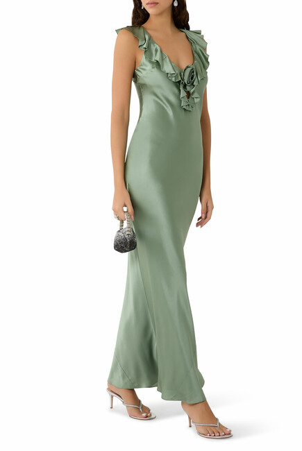 Neck Ruffles and Rose Applique Maxi Dress