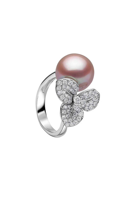 Contessa Flower Motif Ring,  18K White Gold with  Freshwater Pearl & Diamonds