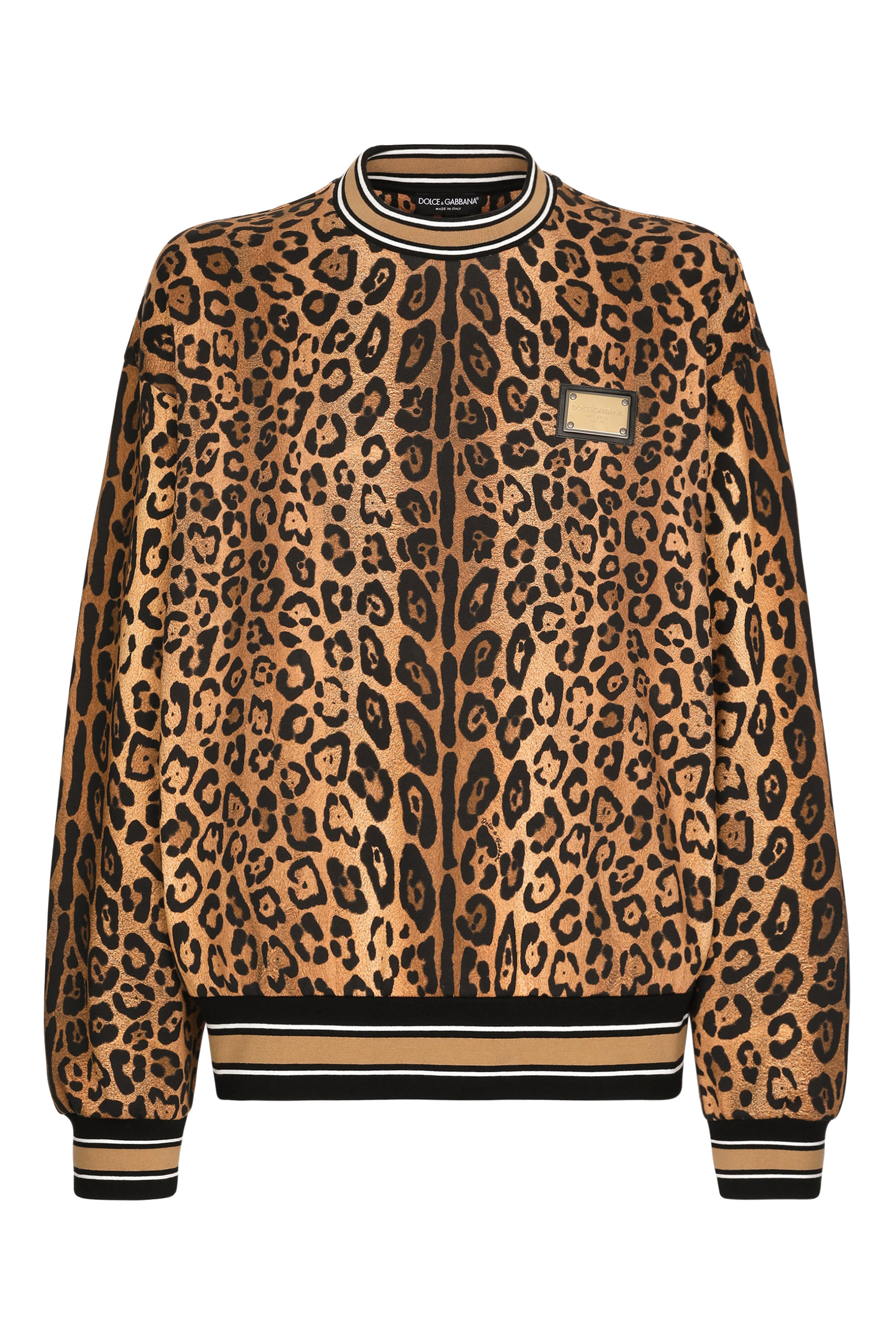 سويت شيرت بياقة مستديرة ونقشة جلد الفهد وشارة قماش كريسبو