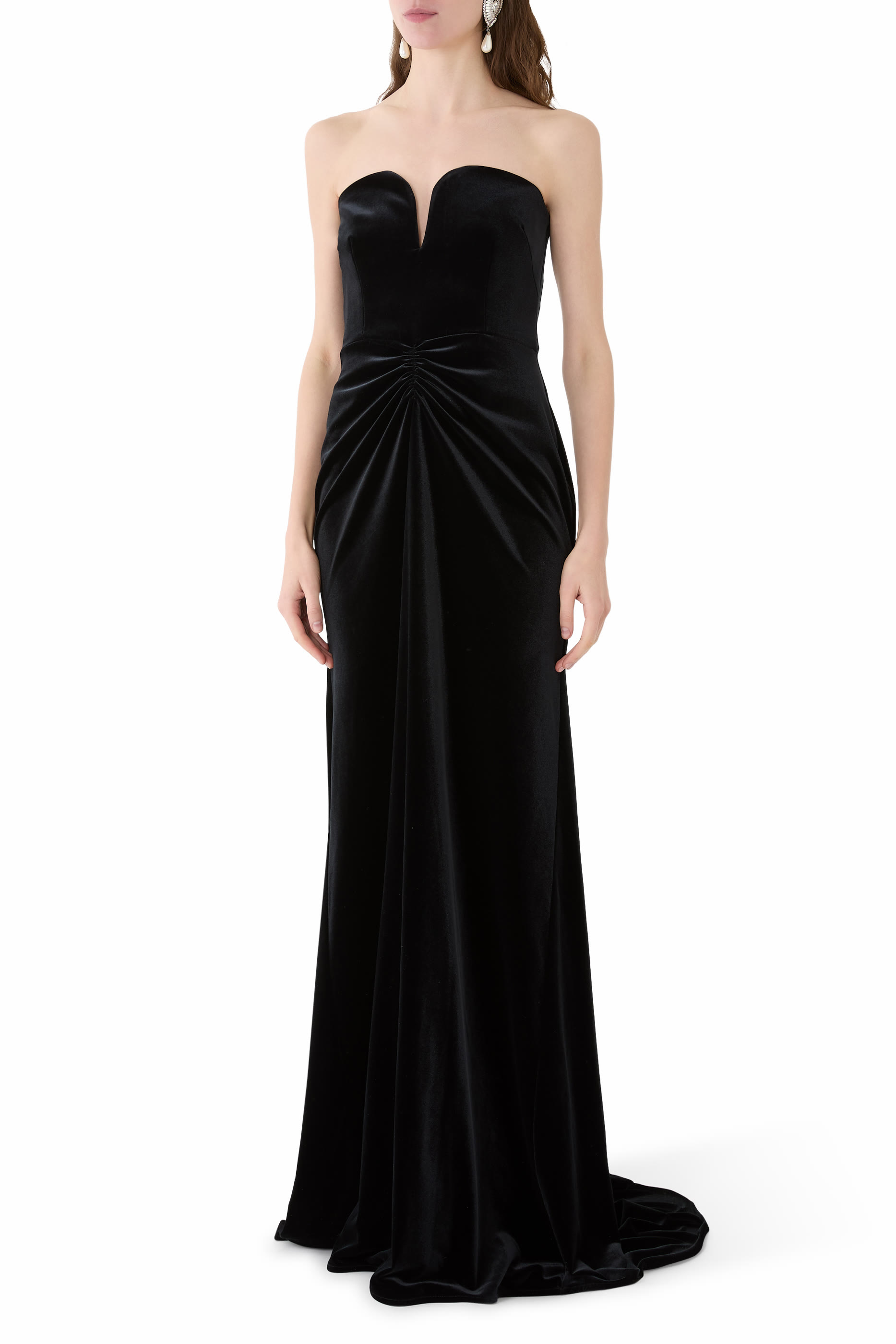 فستان سهرة بلا حمالات مزين بكشكش على شكل قلب