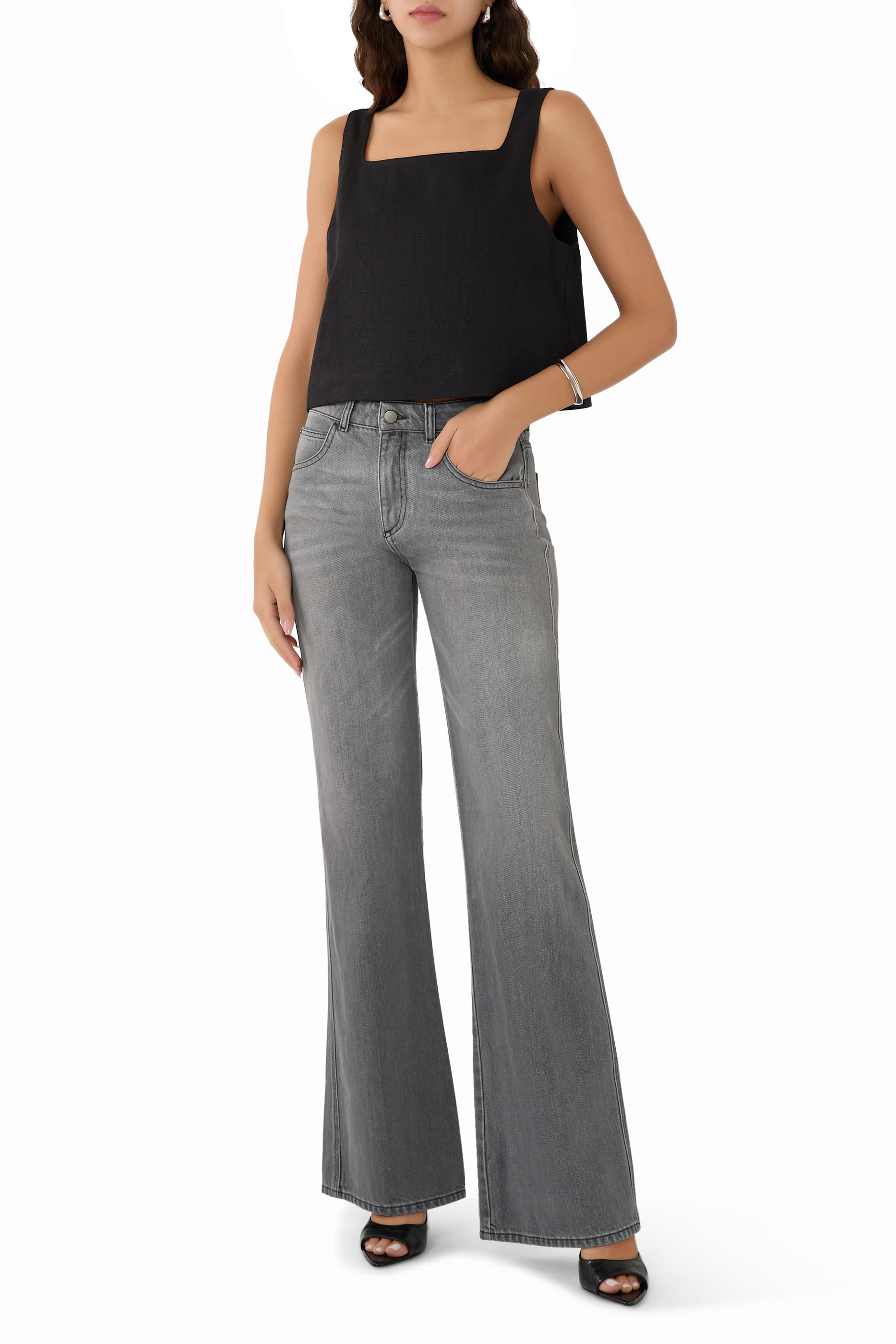 بنطال جينز جي 9 دي بقصة واسعة وخصر متوسط الارتفاع