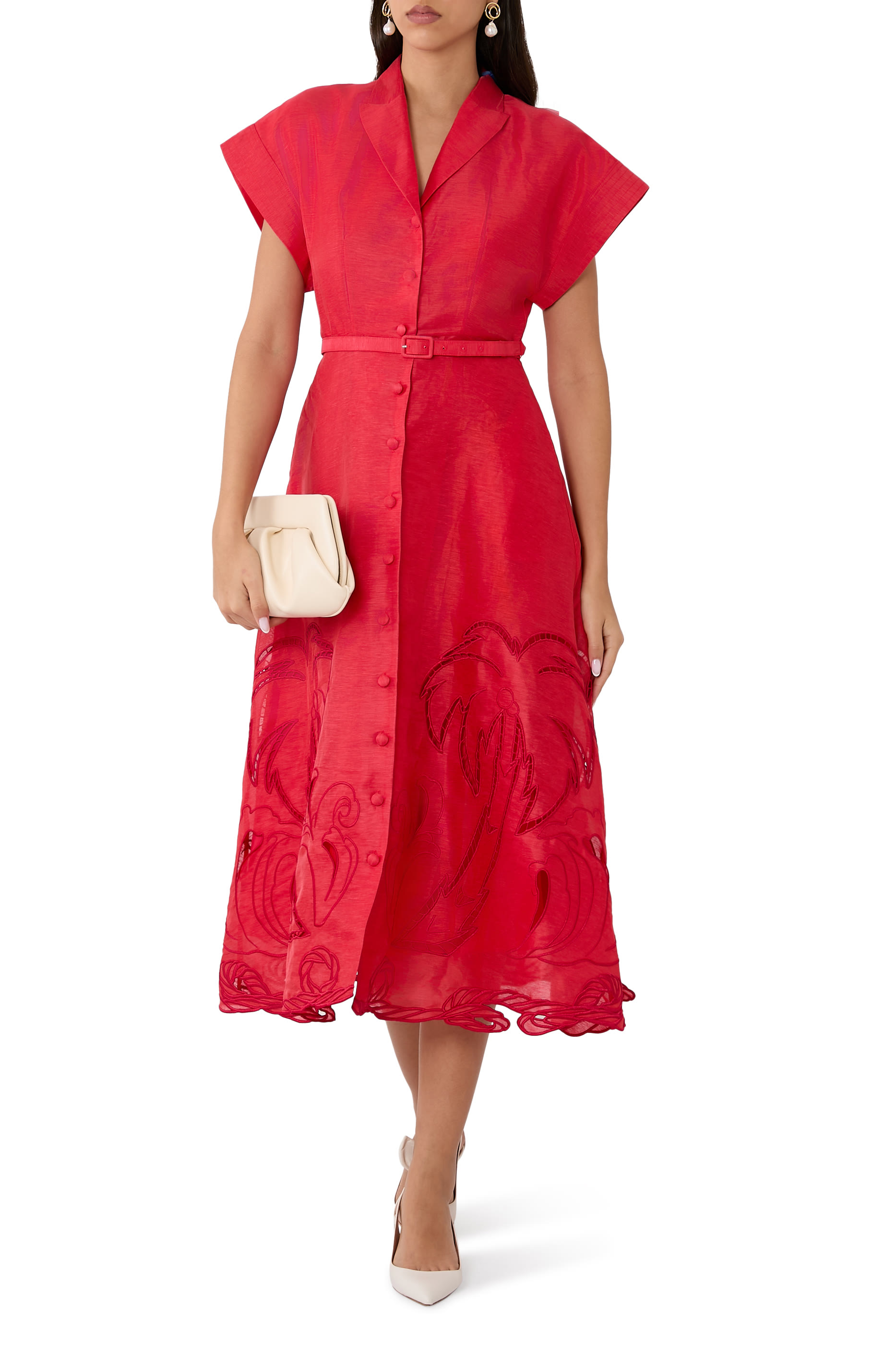 فستان أوبري متوسط الطول بنمط قميص بتطريز نخل