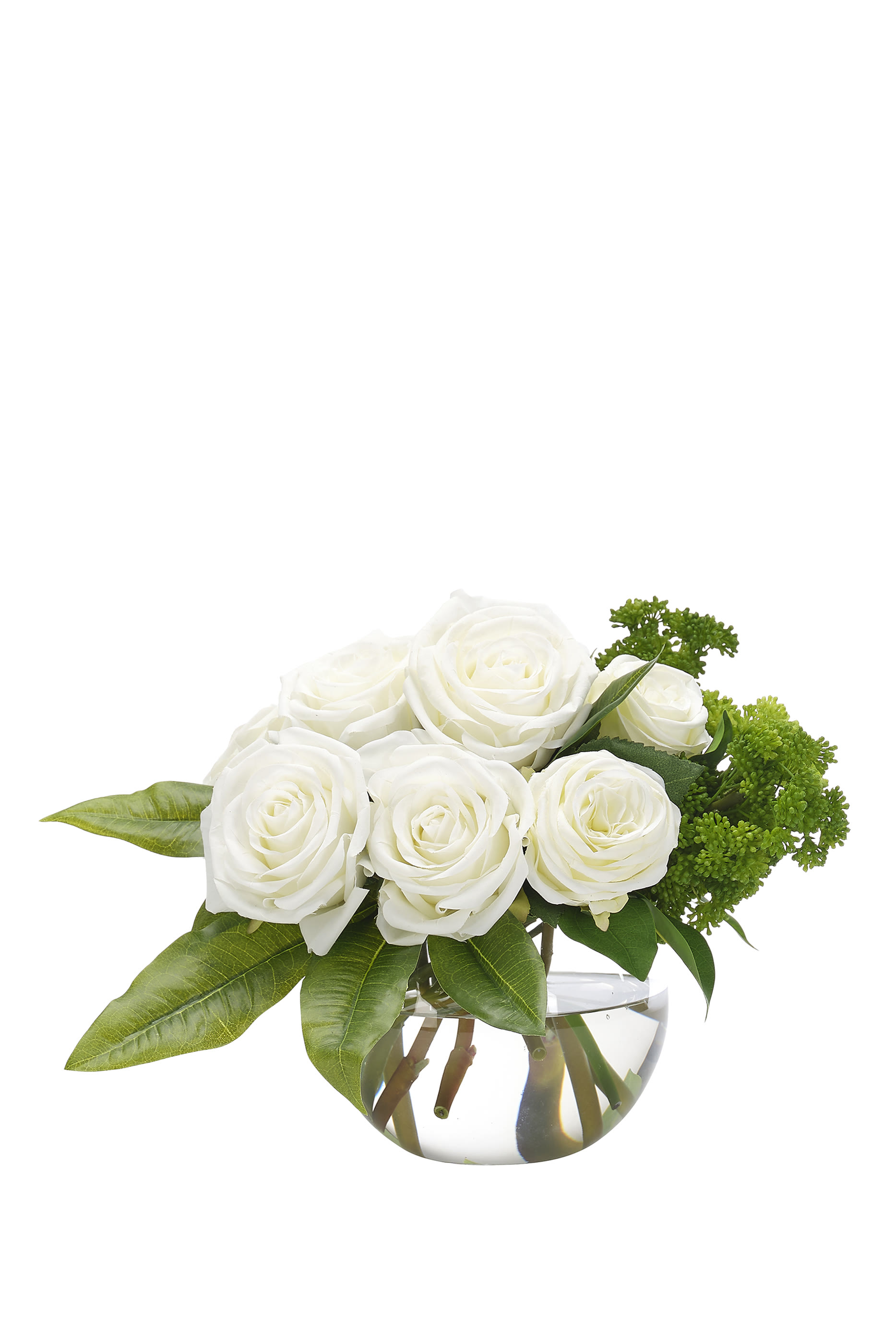 باقة زهور في مزهرية زجاجية كروية الشكل