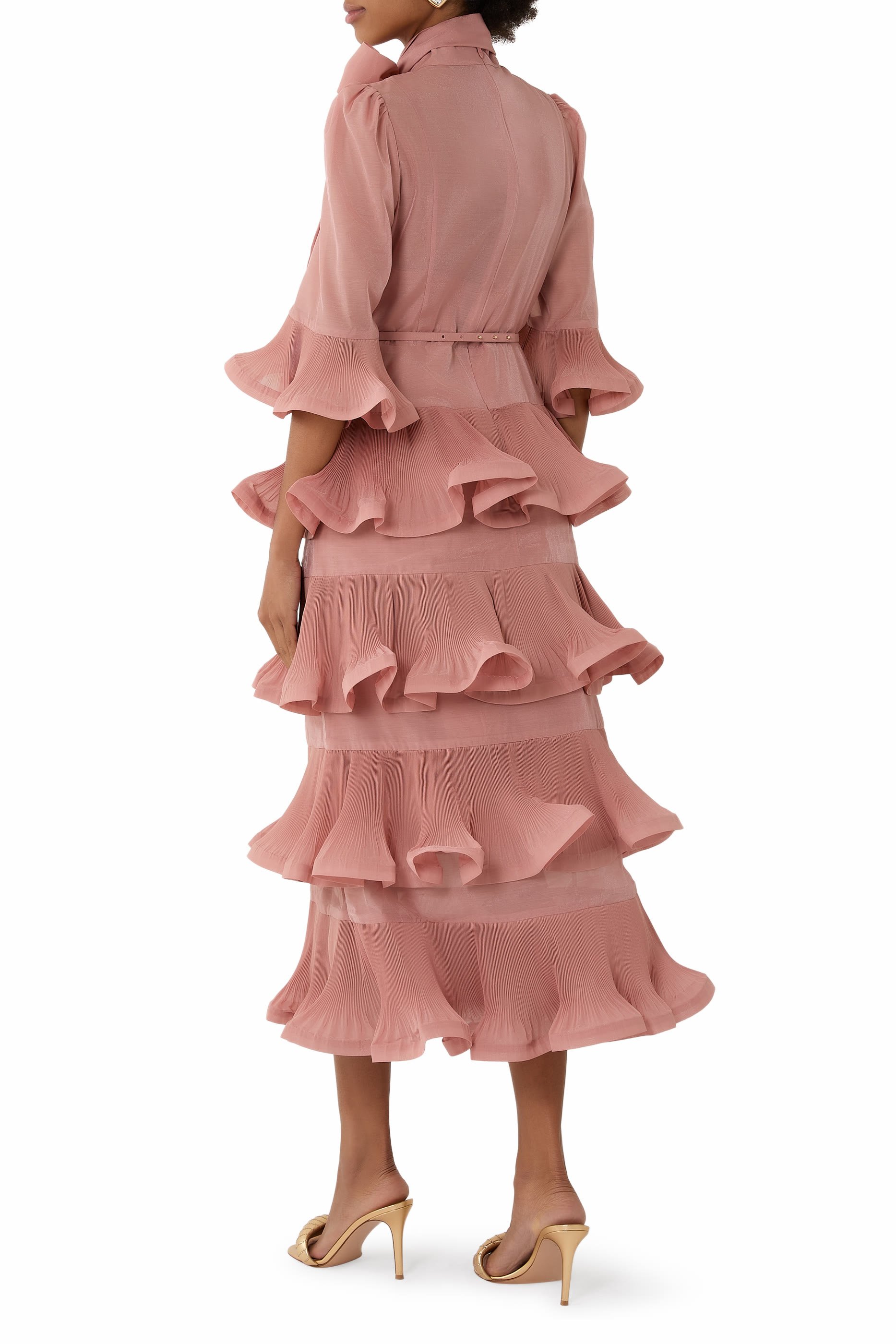 فستان متوسط الطول بأكمام مطوية