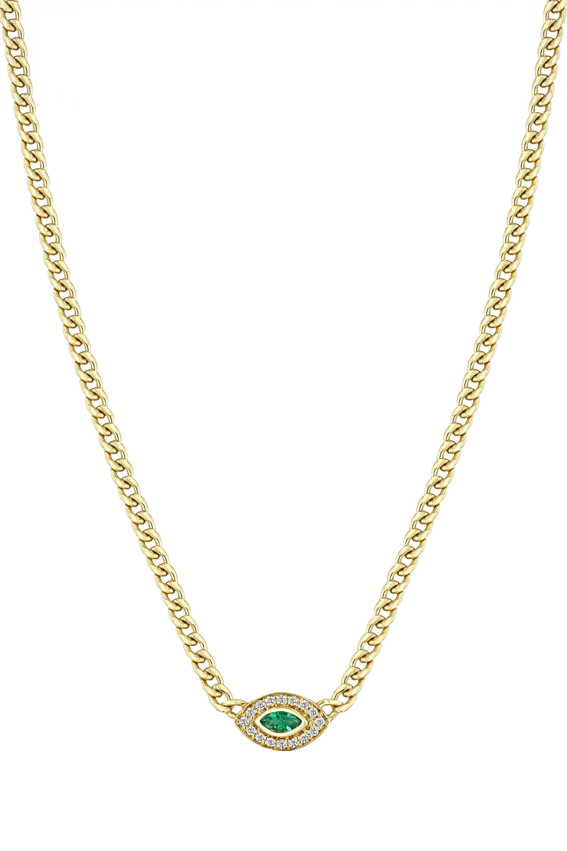 قلادة سلسلة هالو كيرب صغيرة مرصعة بماس وزمرد، ذهب أصفر عيار 14