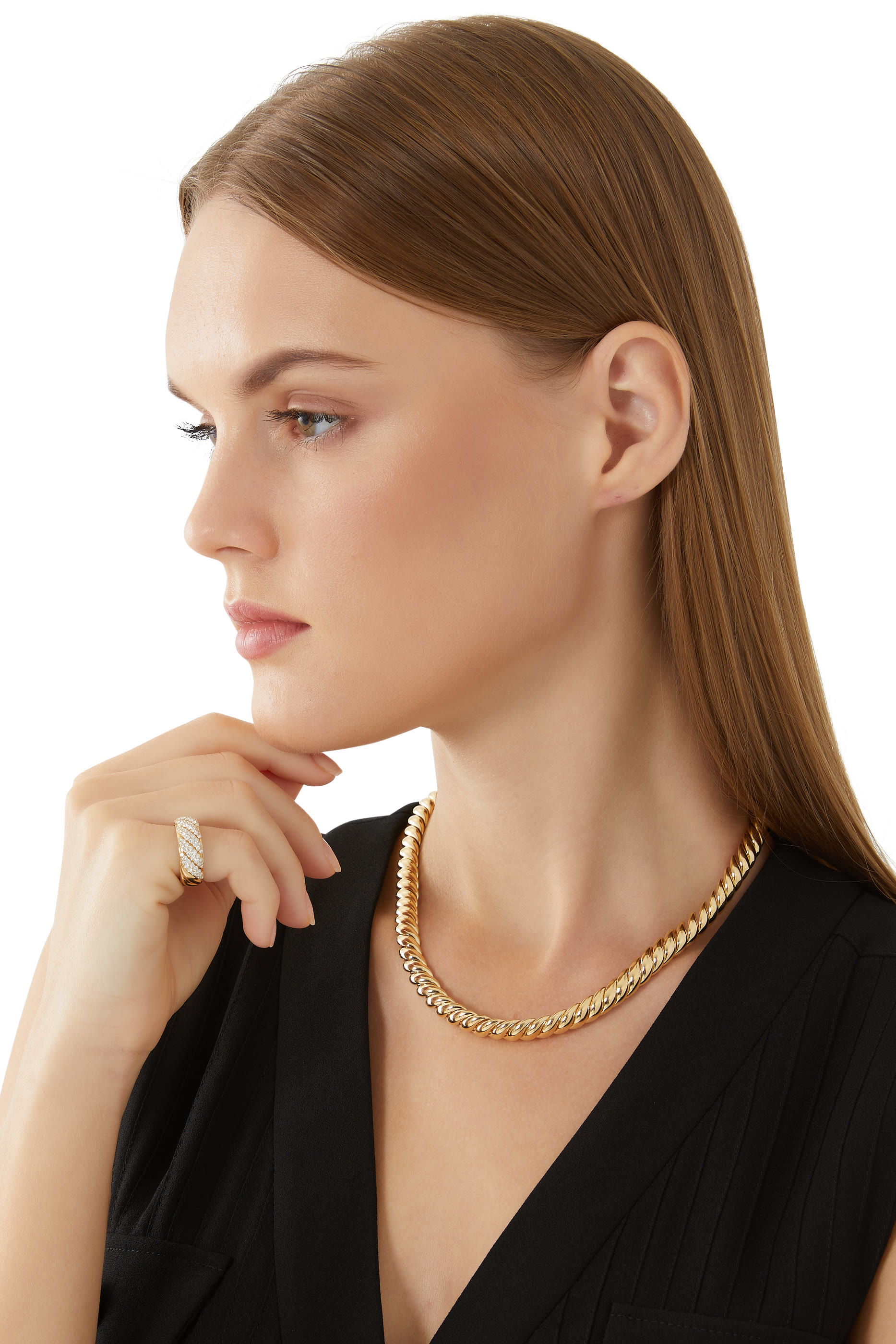 خاتم سكلبتد كابل مرصع بالماس ذهب أصفر عيار 18