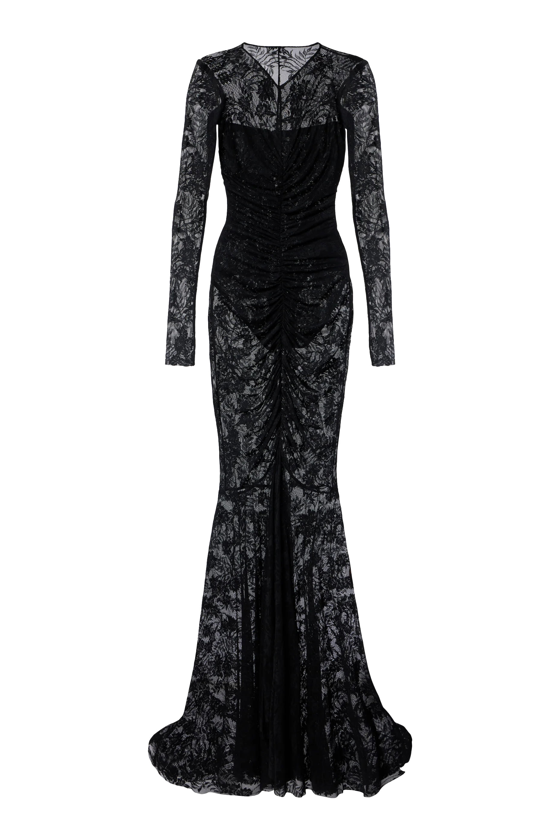 فستان سهرة بأكمام طويلة، ياقة على شكل حرف V وقصة ذيل السمكة مزين بكشكش في الأمام