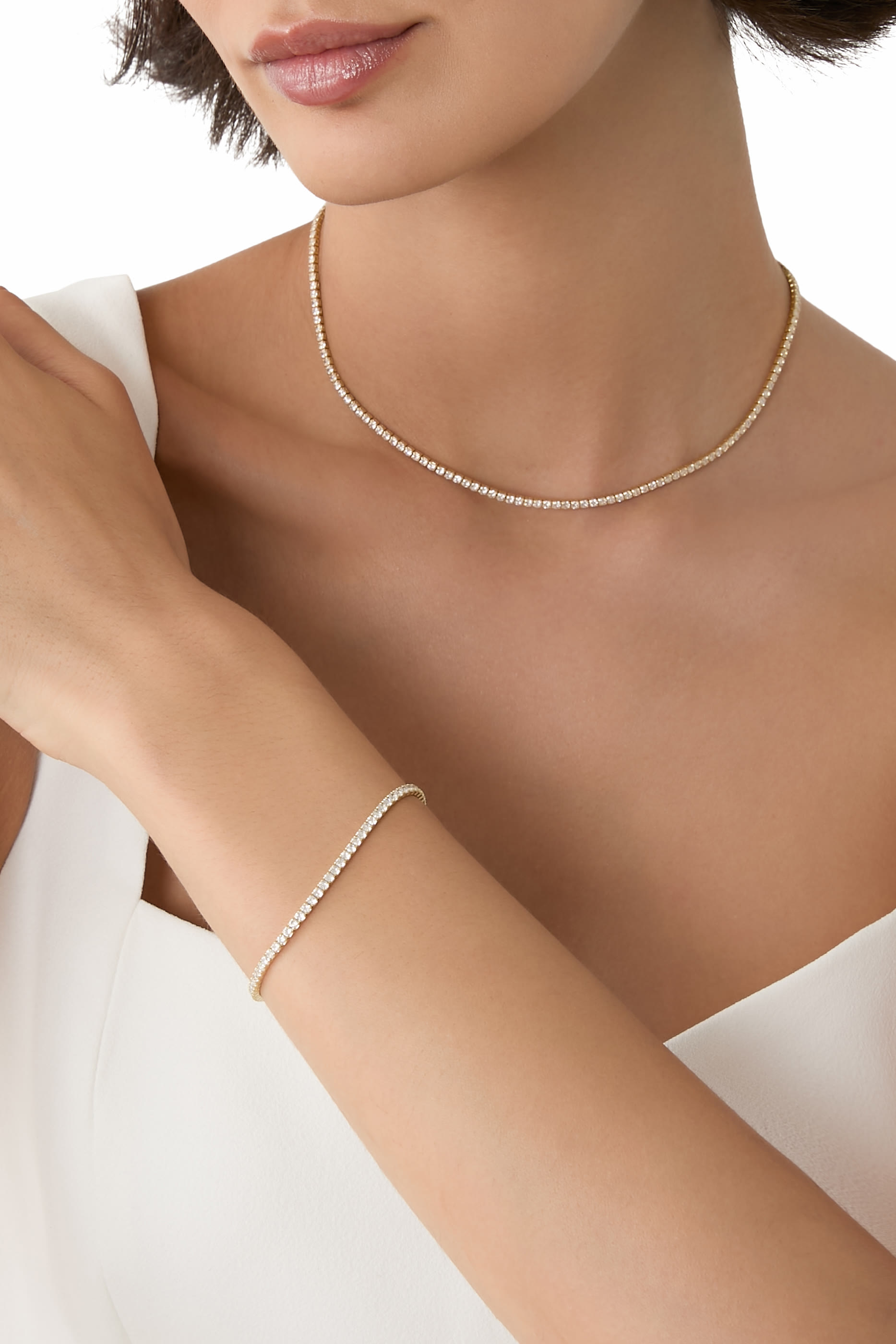 قلادة تنس مرصعة بكريستال وأحجار زركونيا مستديرة، فضة استرلينية مطلية بفيرميل عيار 14