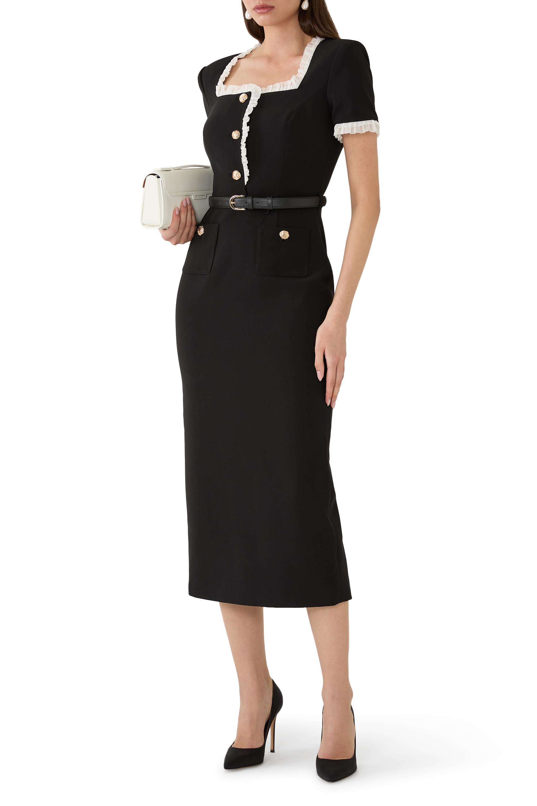 فستان متوسط الطول مزين بكشكش متباين