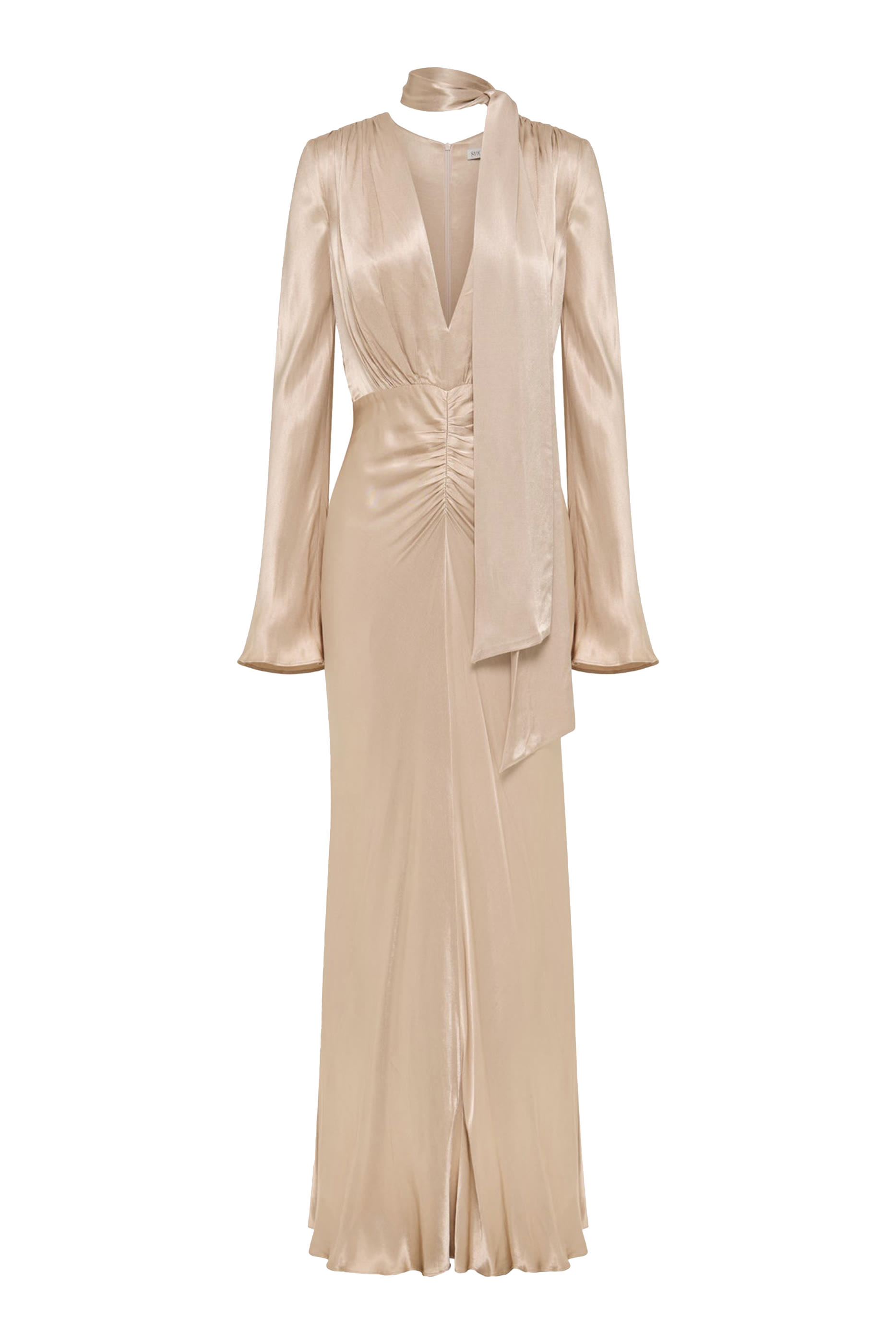 فستان لا لون طويل بياقة عميقة وأكمام طويلة