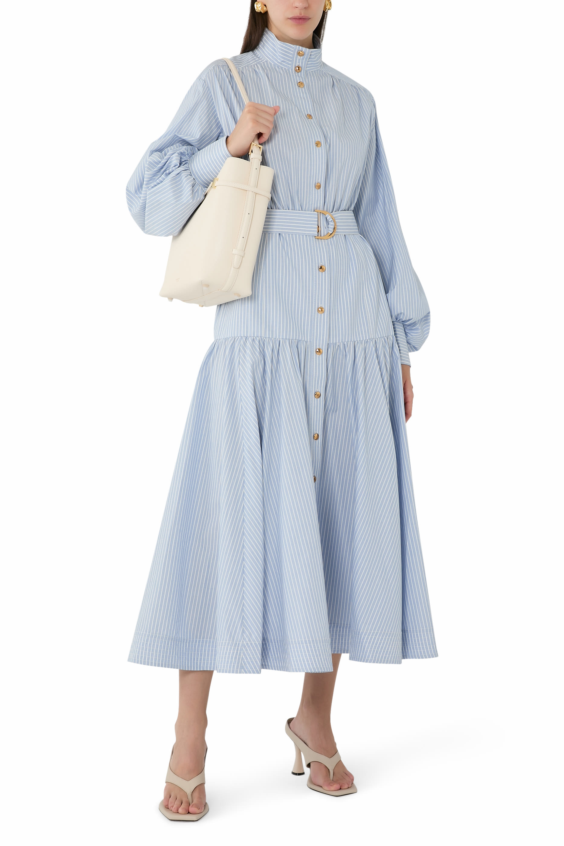 فستان متوسط الطول بتصميم عملي بنقشة مخططة