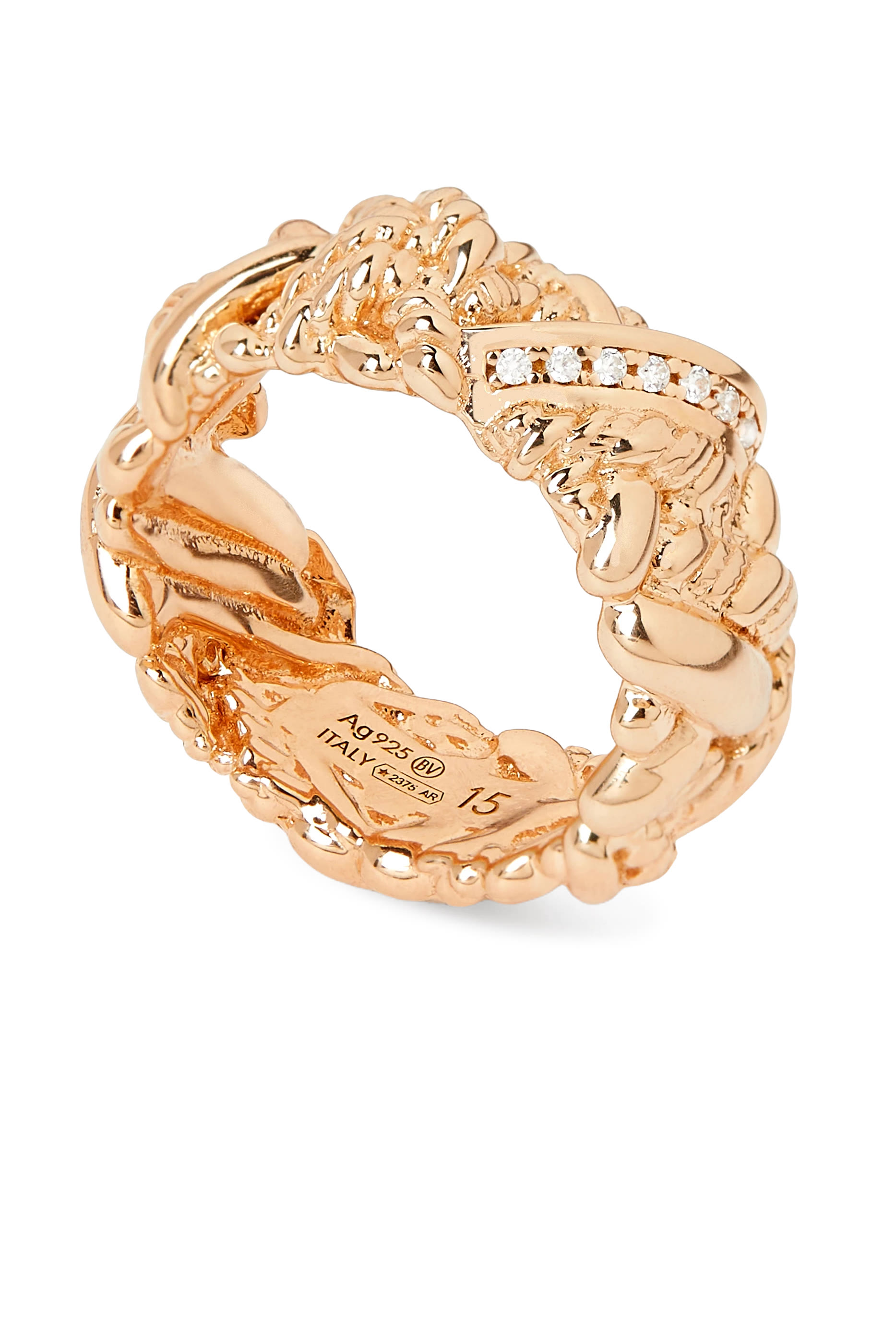 خاتم بتصميم مجدول مزين بأحجار زركونيا مكعبة، فضة إسترلينية مطلية بالذهب عيار 18 قيراط