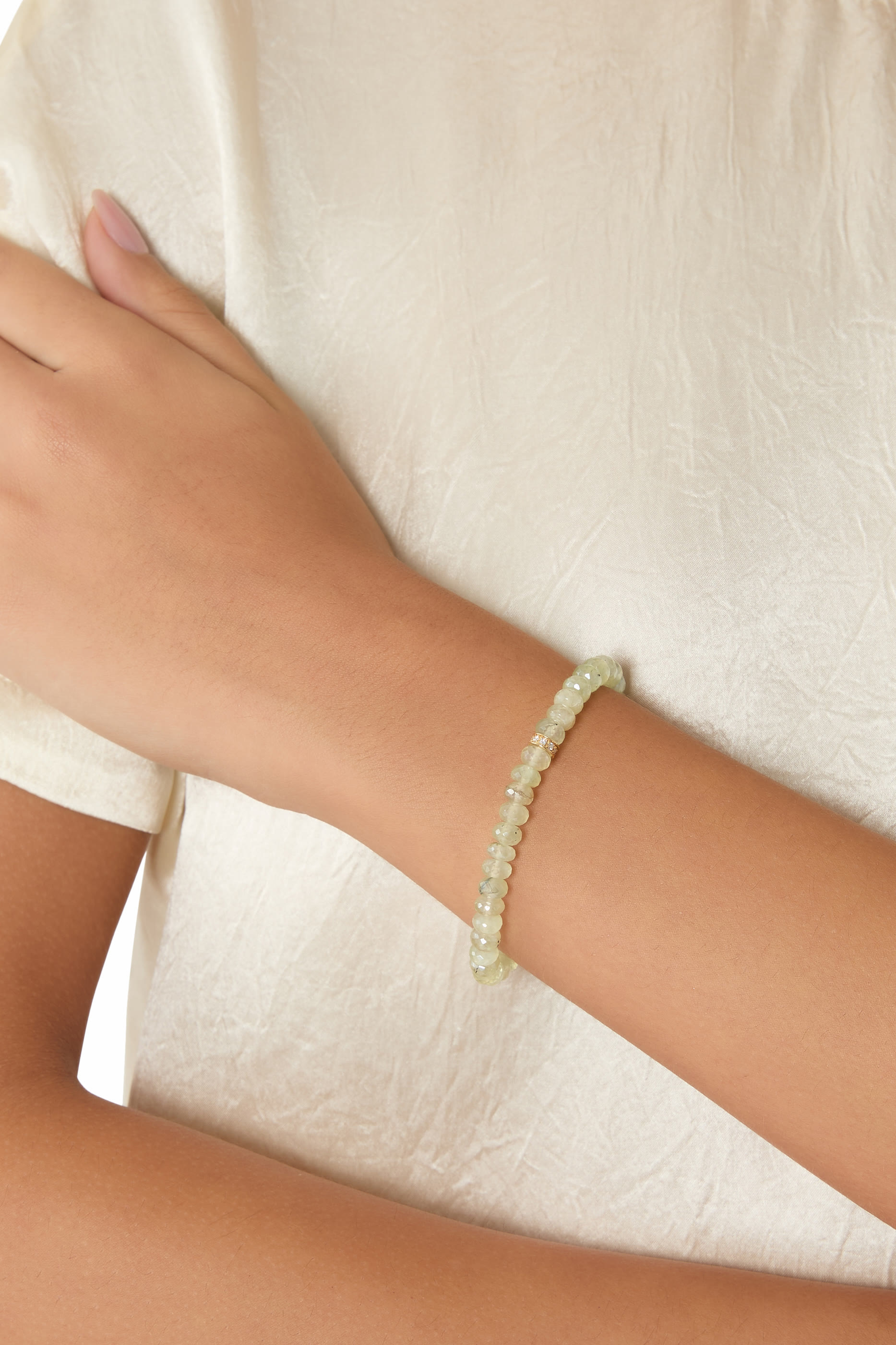Wheel Rondelle Beaded Bracelet, 14k Yellow Gold & Diamonds, Prehnite