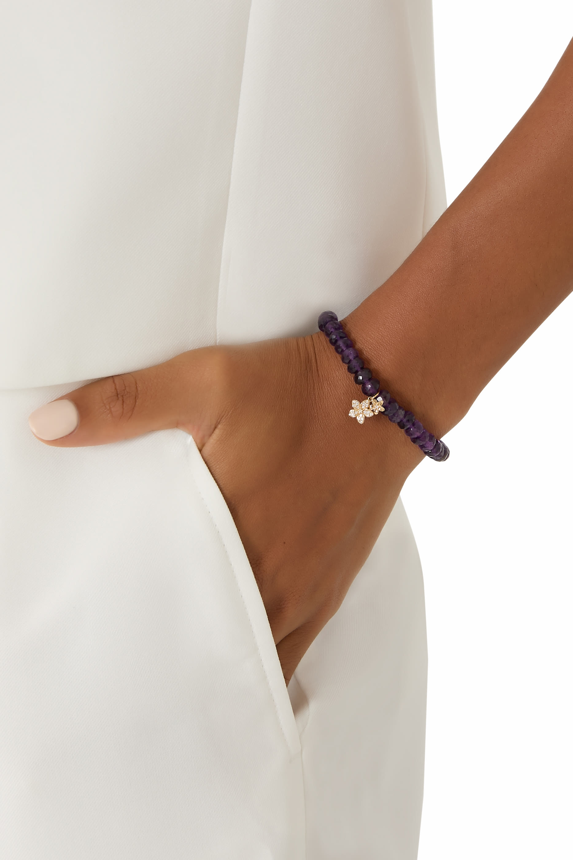 سوار خرز هيشي بحلية صغيرة بتصميم زهرة بلوميريا جمشت ذهب أصفر عيار 14