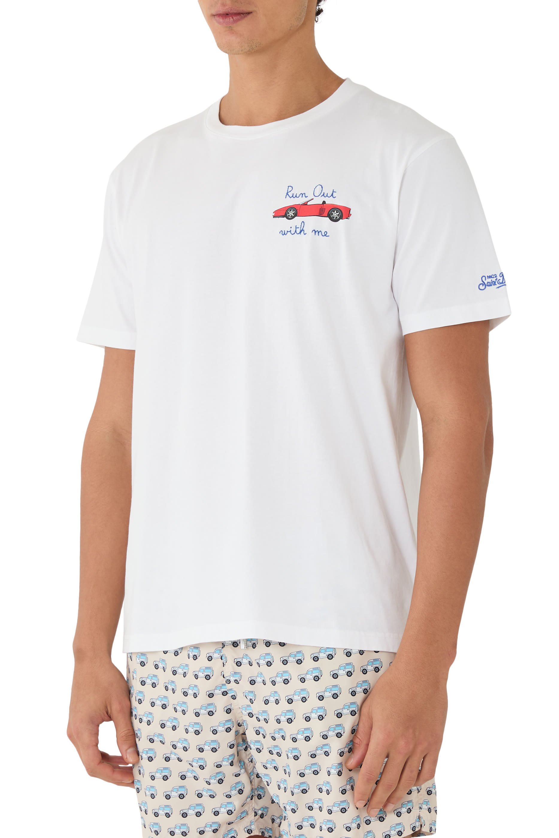 Car Print and Run Out with Me Embroidery T-Shirt