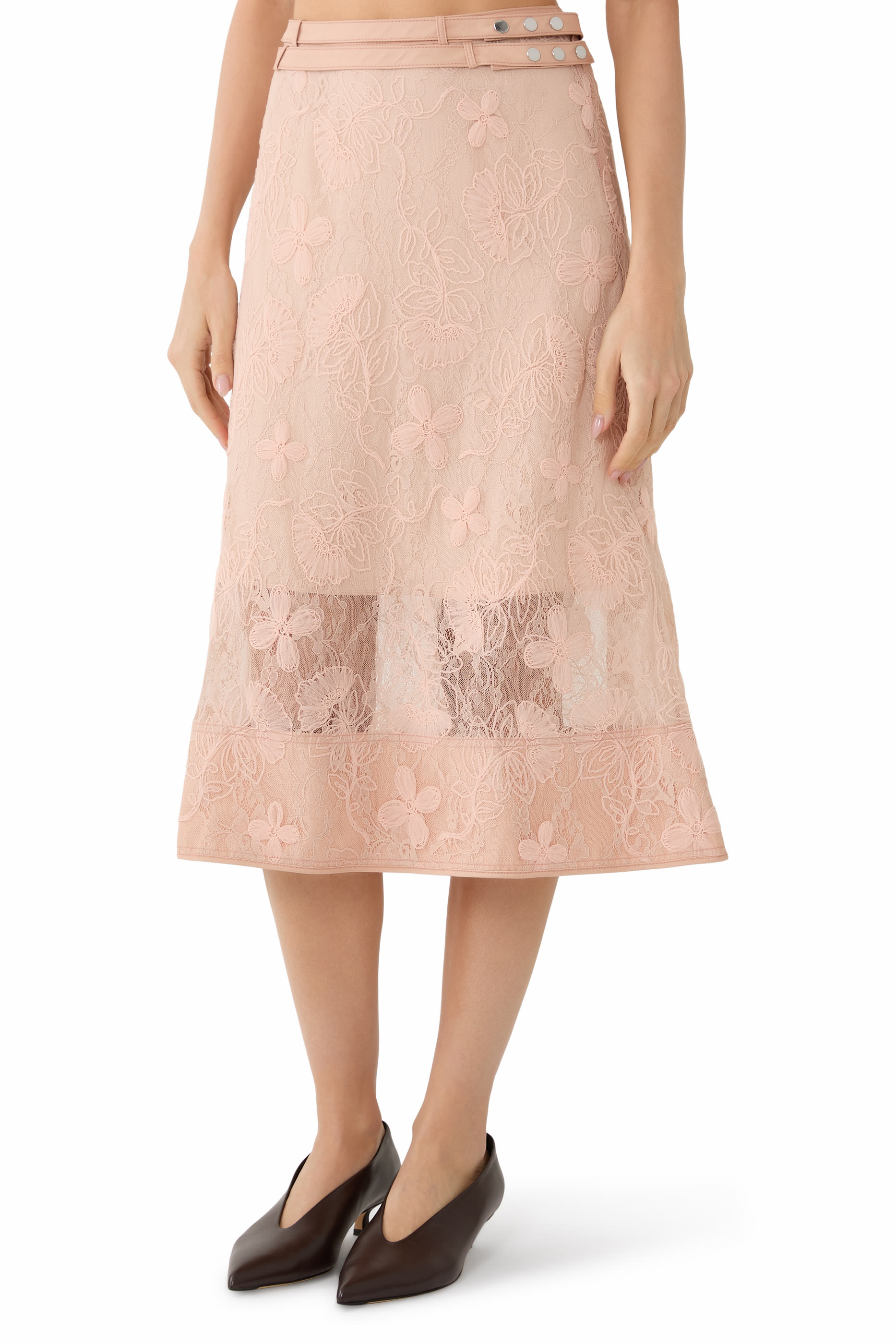 تنورة متوسطة الطول دانتيل بنقشة زهور