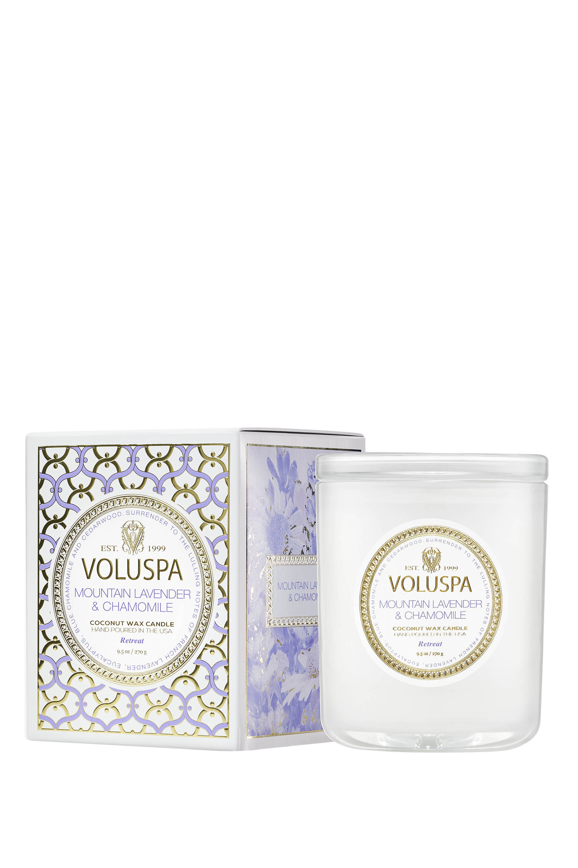 شمعة برائحة اللافندر الجبلي والبابونج في علبة فاخرة