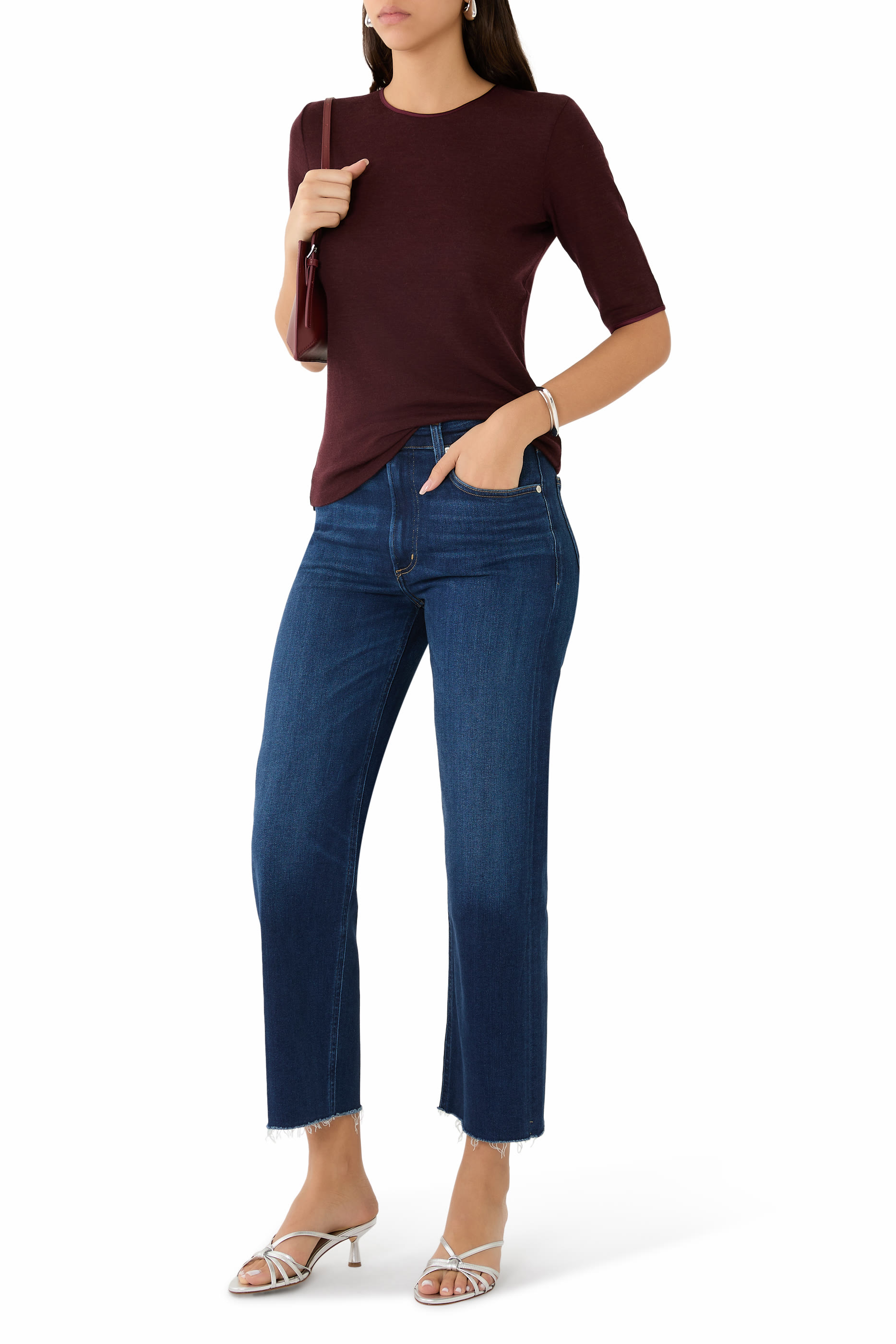 تيشيرت بأكمام بطول الكوع مزينة بحواف ساتان