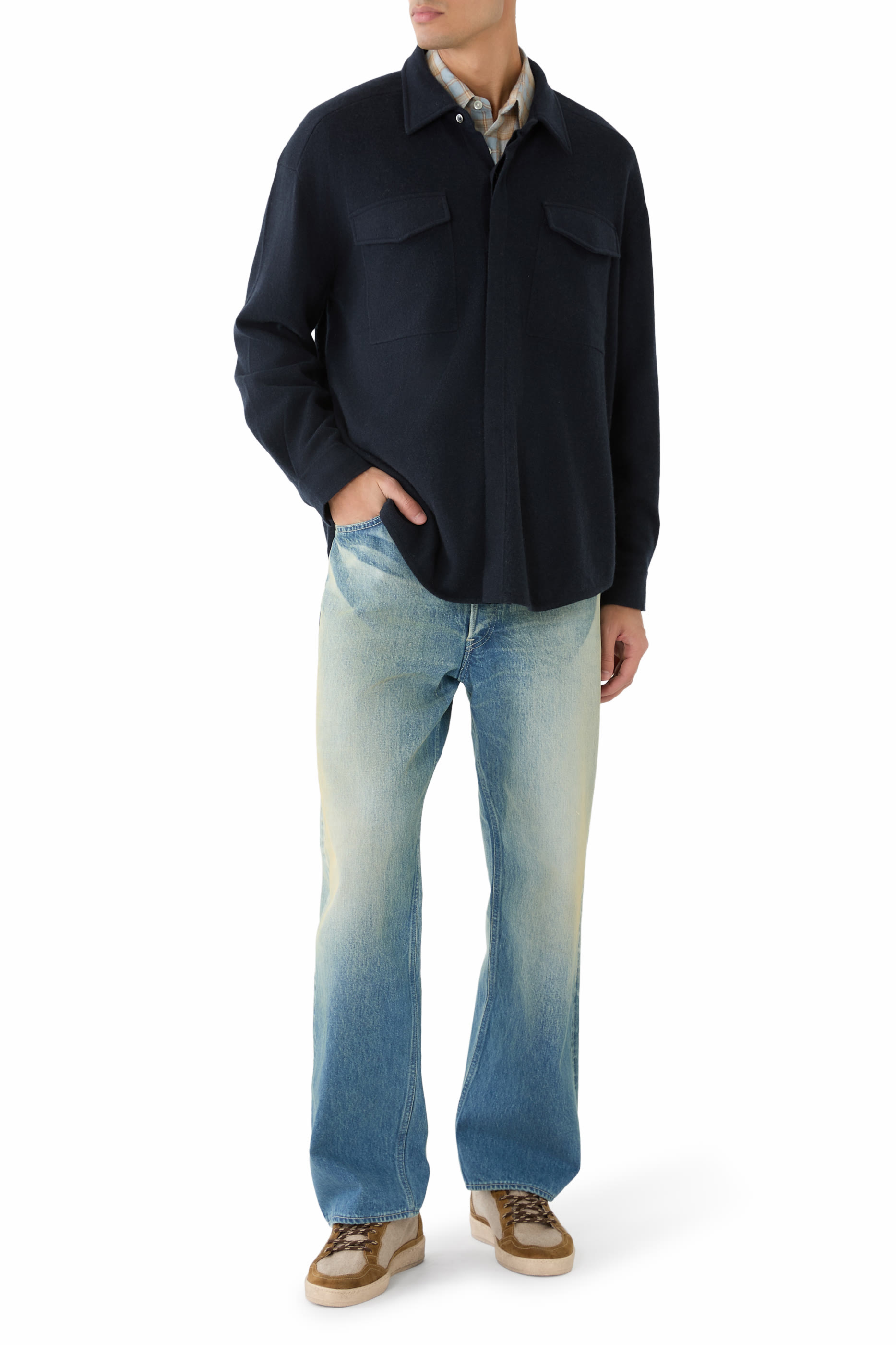 بنطال سيلفيدج بقصة ساق واسعة بلون باهت دنيم ثقيل 