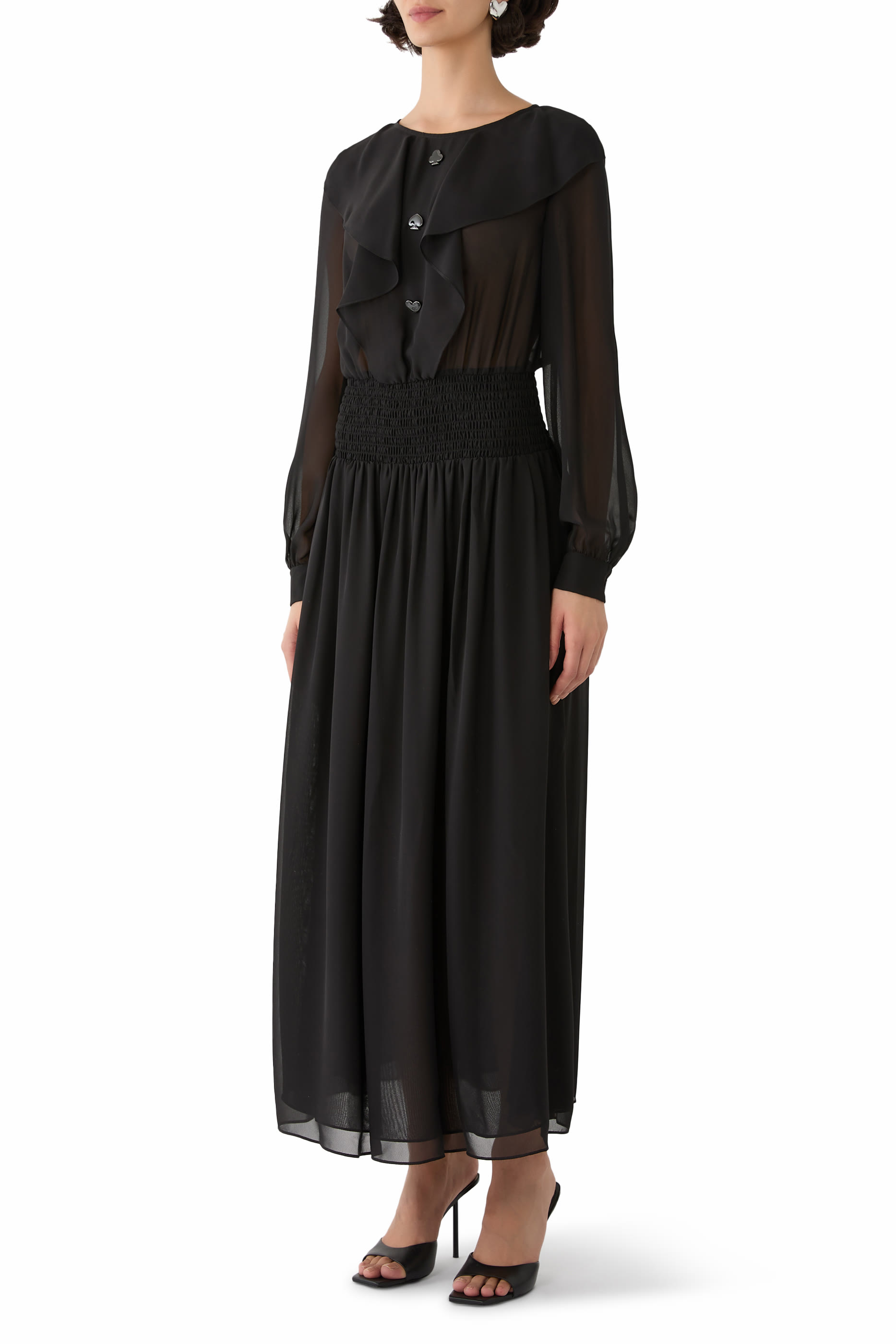 فستان متوسط الطول بطيات مزين بكشكش