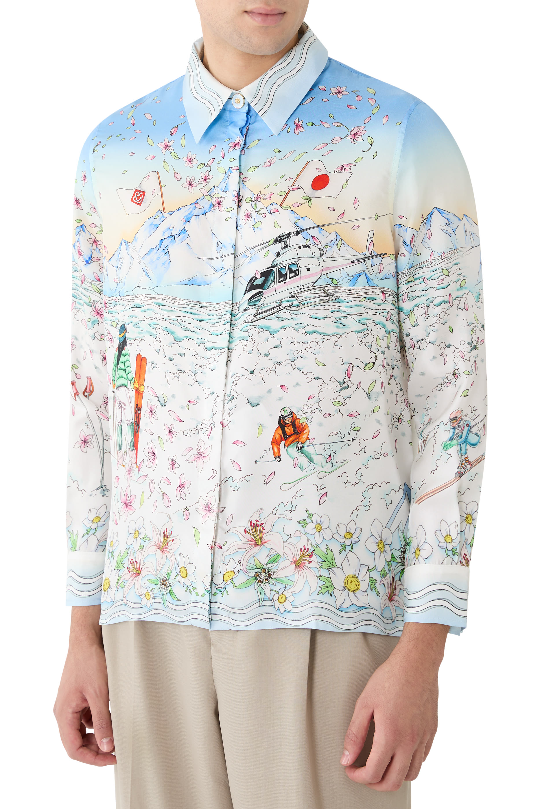 قميص ليفِر فلوري بأكمام طويلة حرير تويل