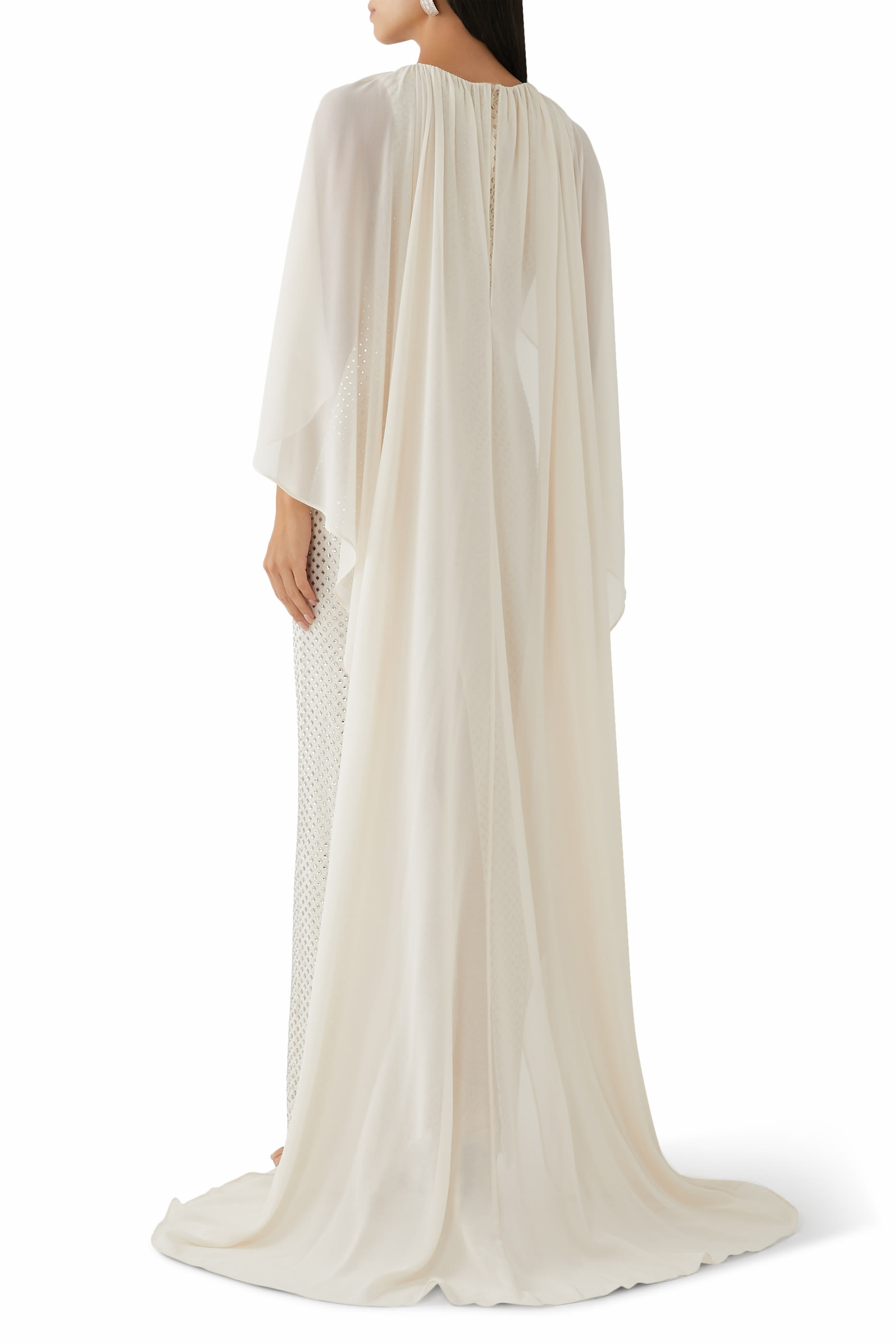 فستان طويل بكاب مطرز بأحجار الراين