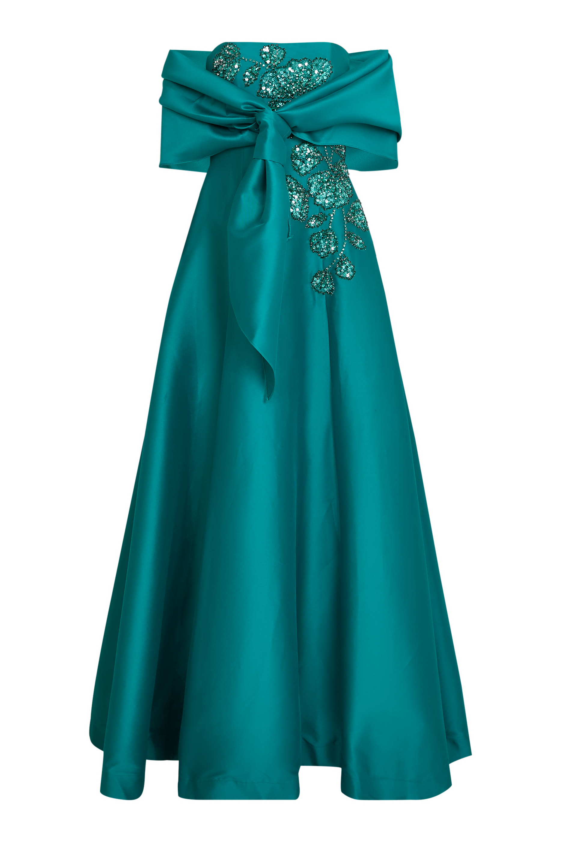 فستان سهرة بلا حمالات بتطريز زهور معقدة وحافة واسعة