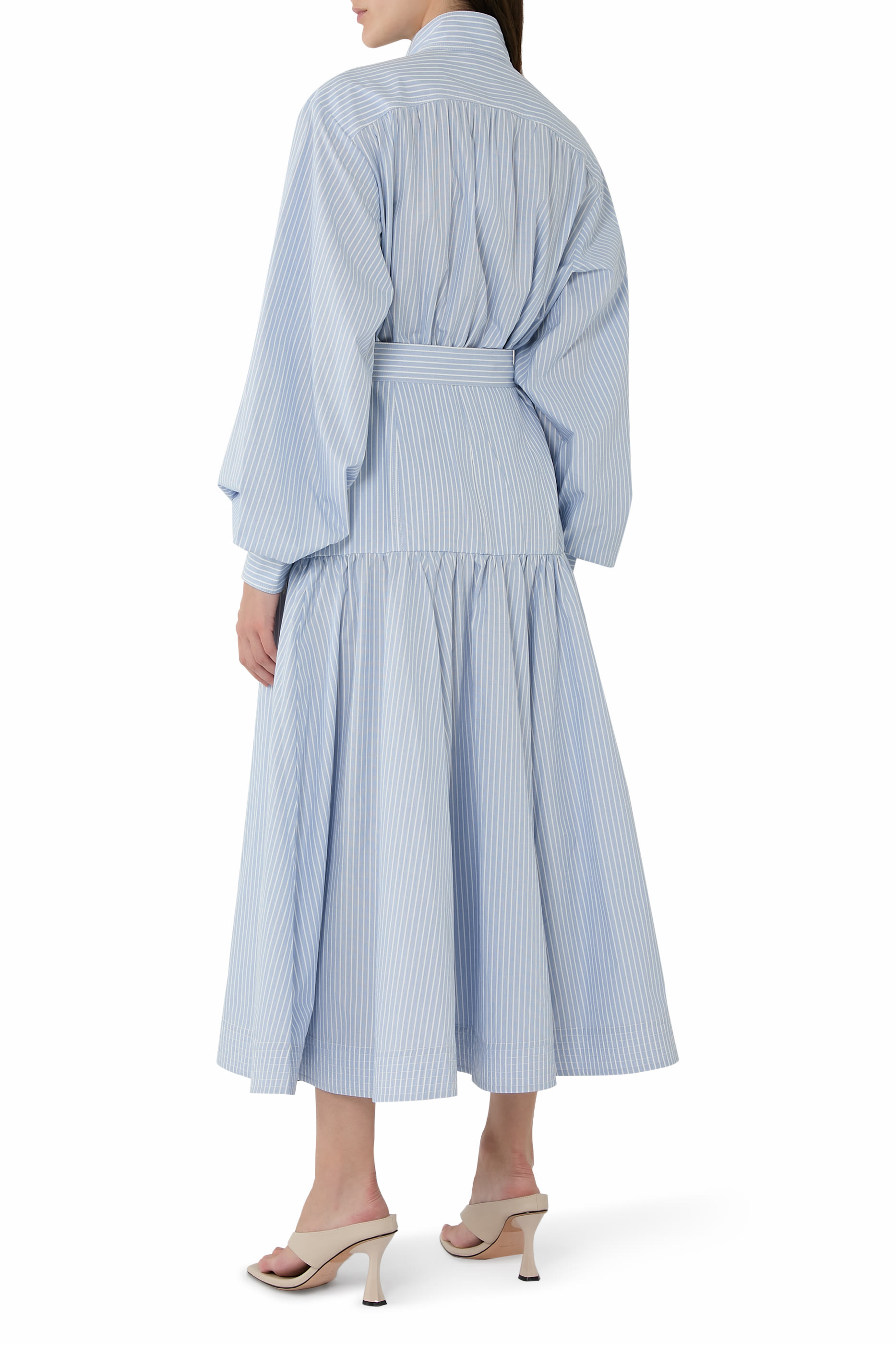 فستان متوسط الطول بتصميم عملي بنقشة مخططة