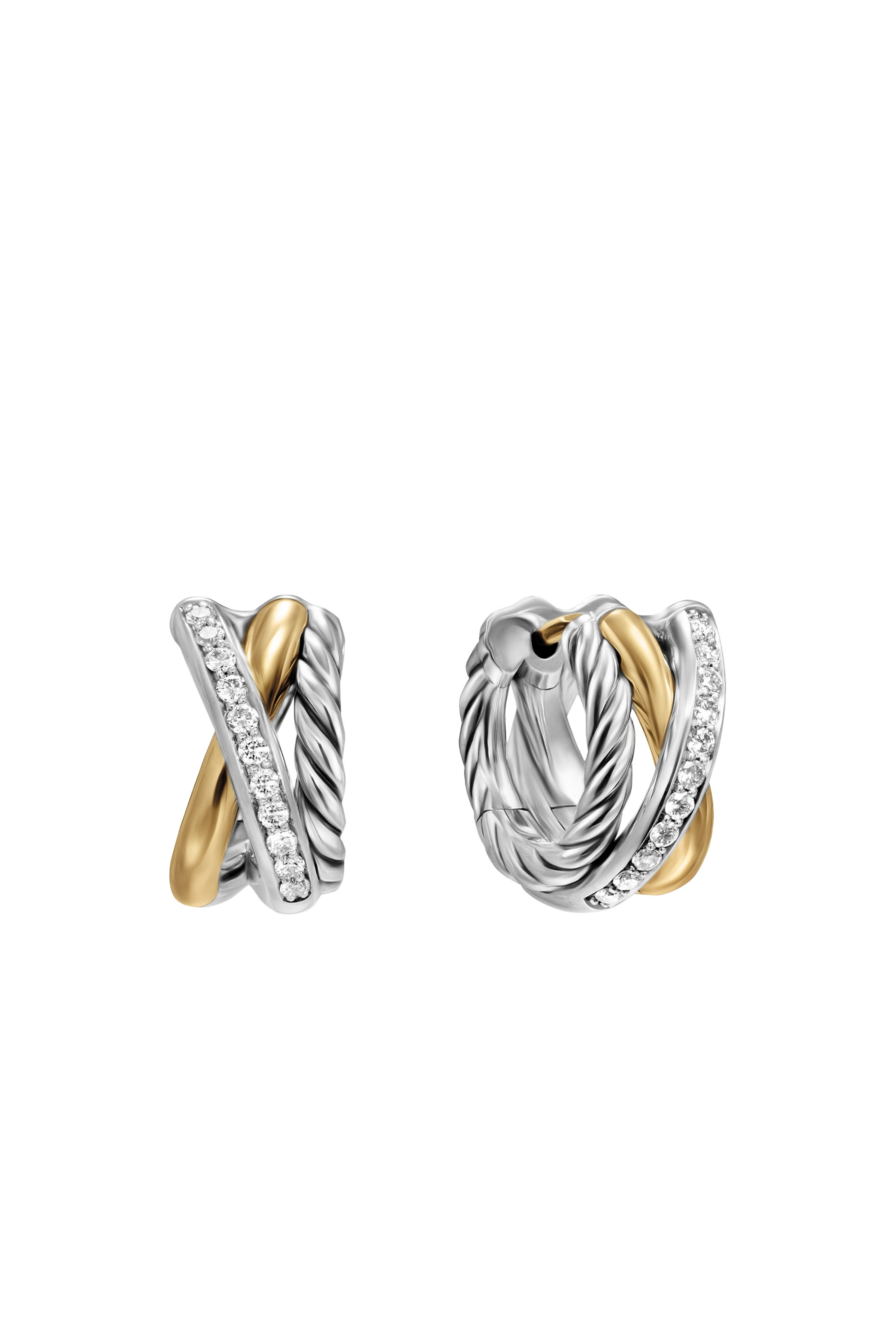 Crossover Three-Row Huggie Hoop Earrings, 18k Yellow Gold, Sterling Silver & Diamonds