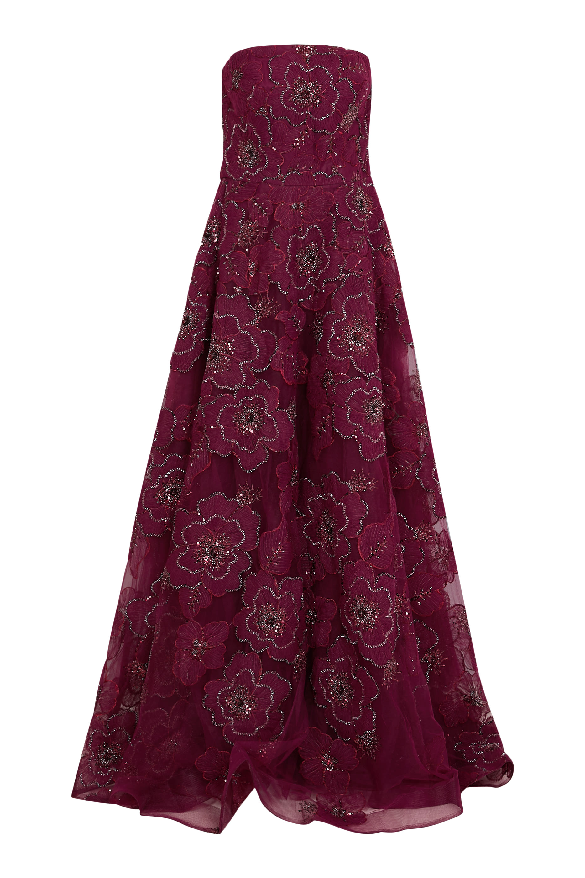 فستان سهرة بلا حمالات مزين بخرز وزهور بارزة الملمس