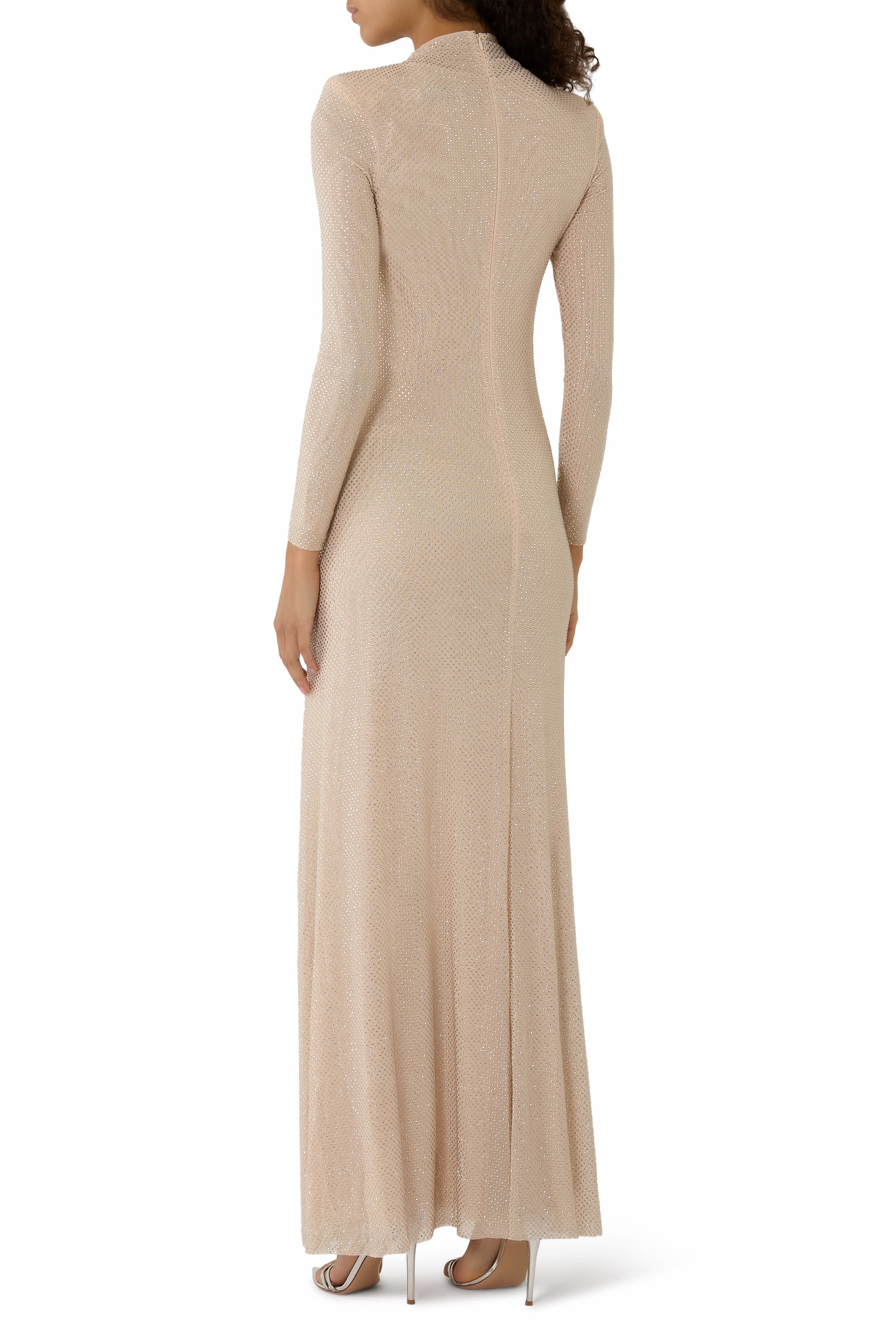 فستان طويل بفتحات مزين بأحجار الراين قماش شبكي