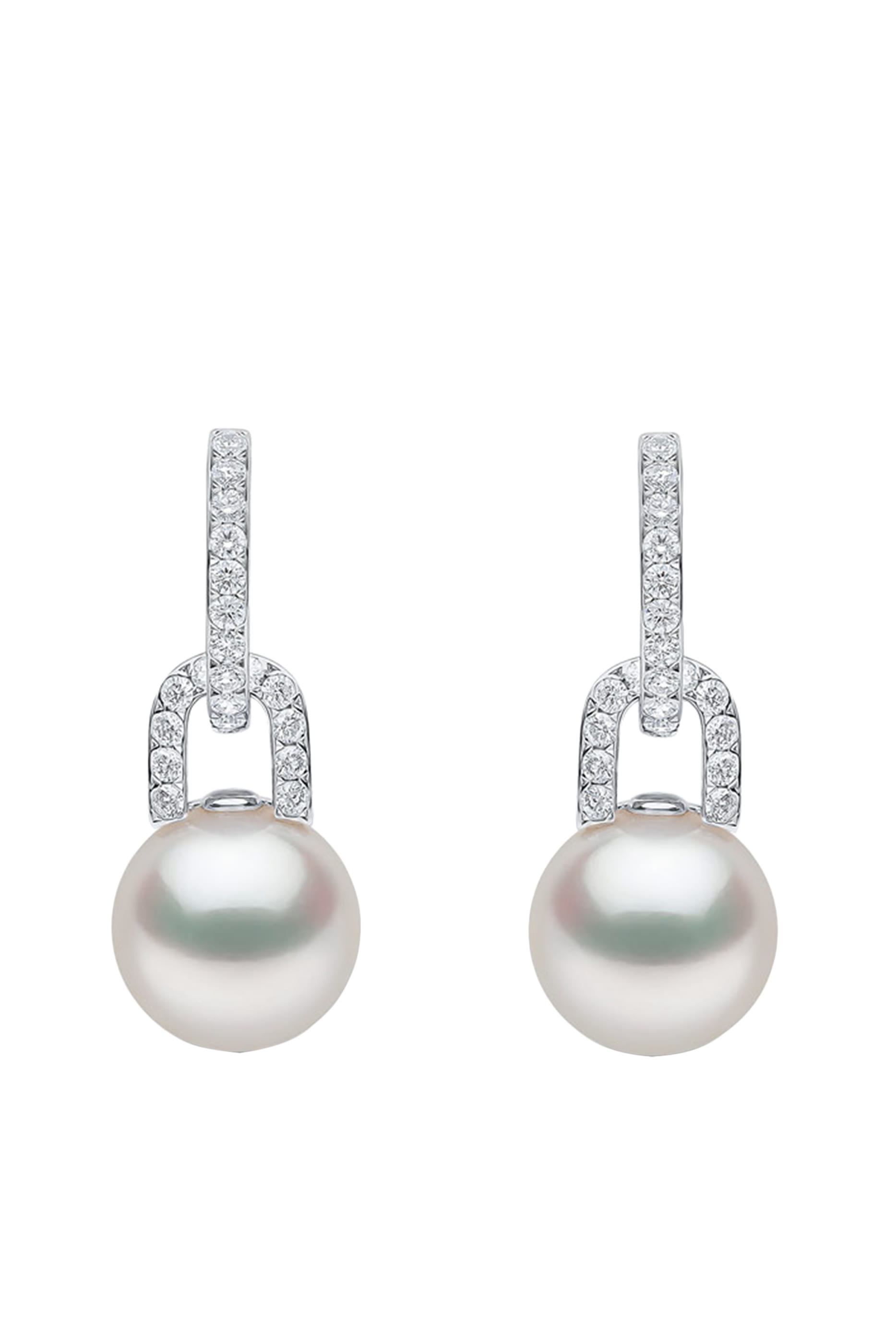 أقراط جاز بتصميم حلقات مزينة بلؤلؤ بحر الجنوب وماس، ذهب أبيض عيار 18