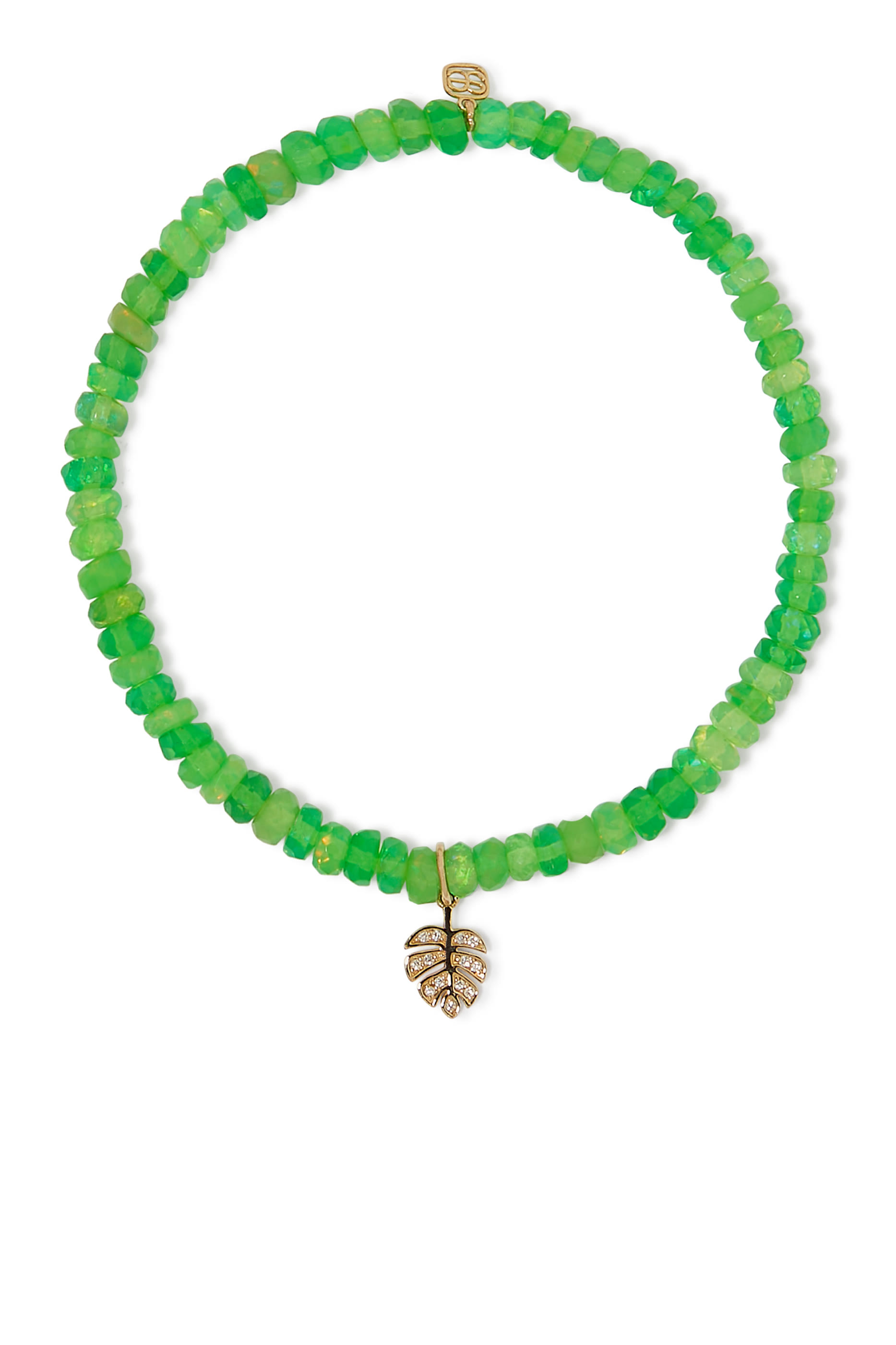 Tiny Monstera Leaf Charm Beaded Bracelet, 14k Yellow Gold & Diamonds, Ethiopian Opal