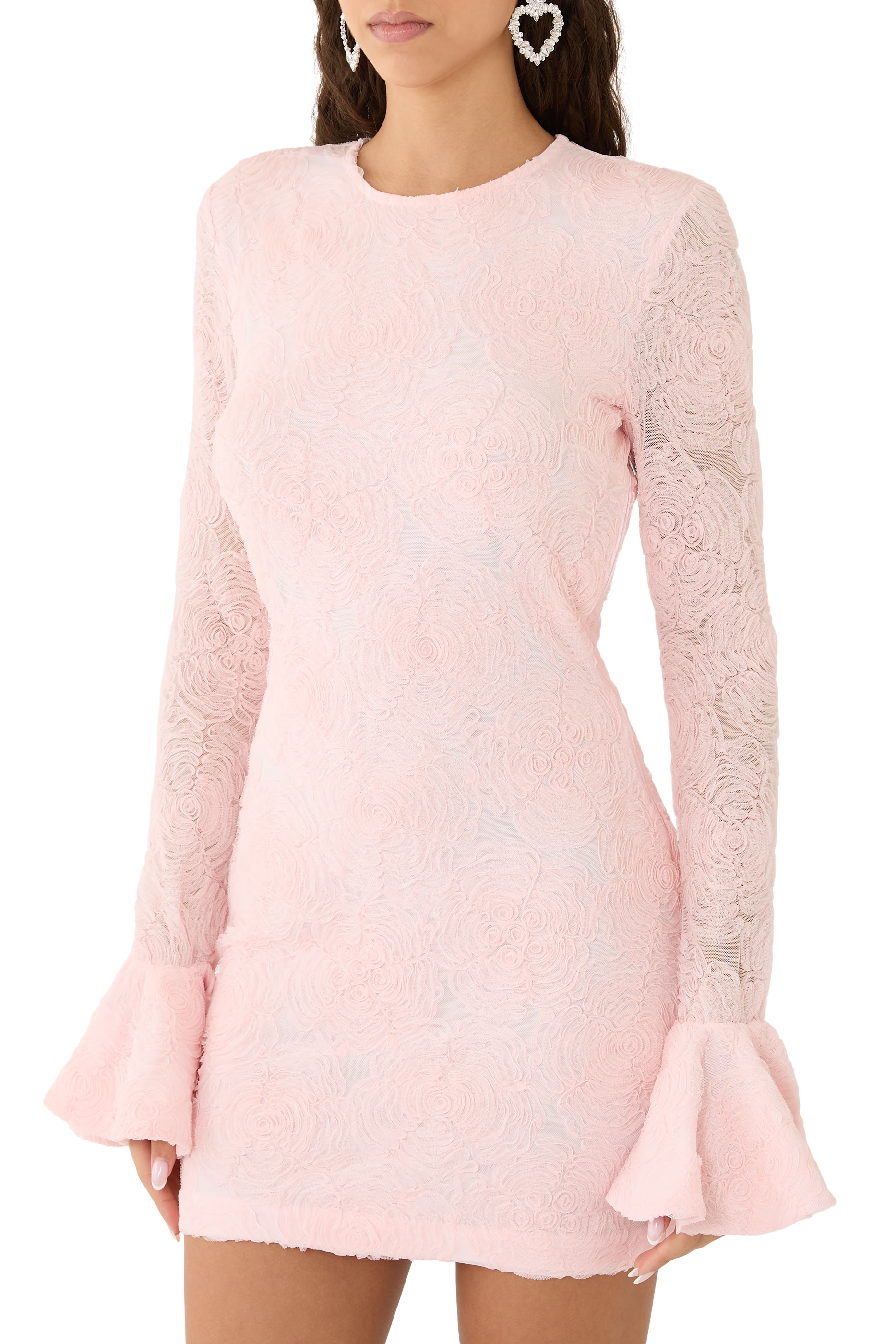 فستان قصير بأكمام طويلة دانتيل بنقشة زهور