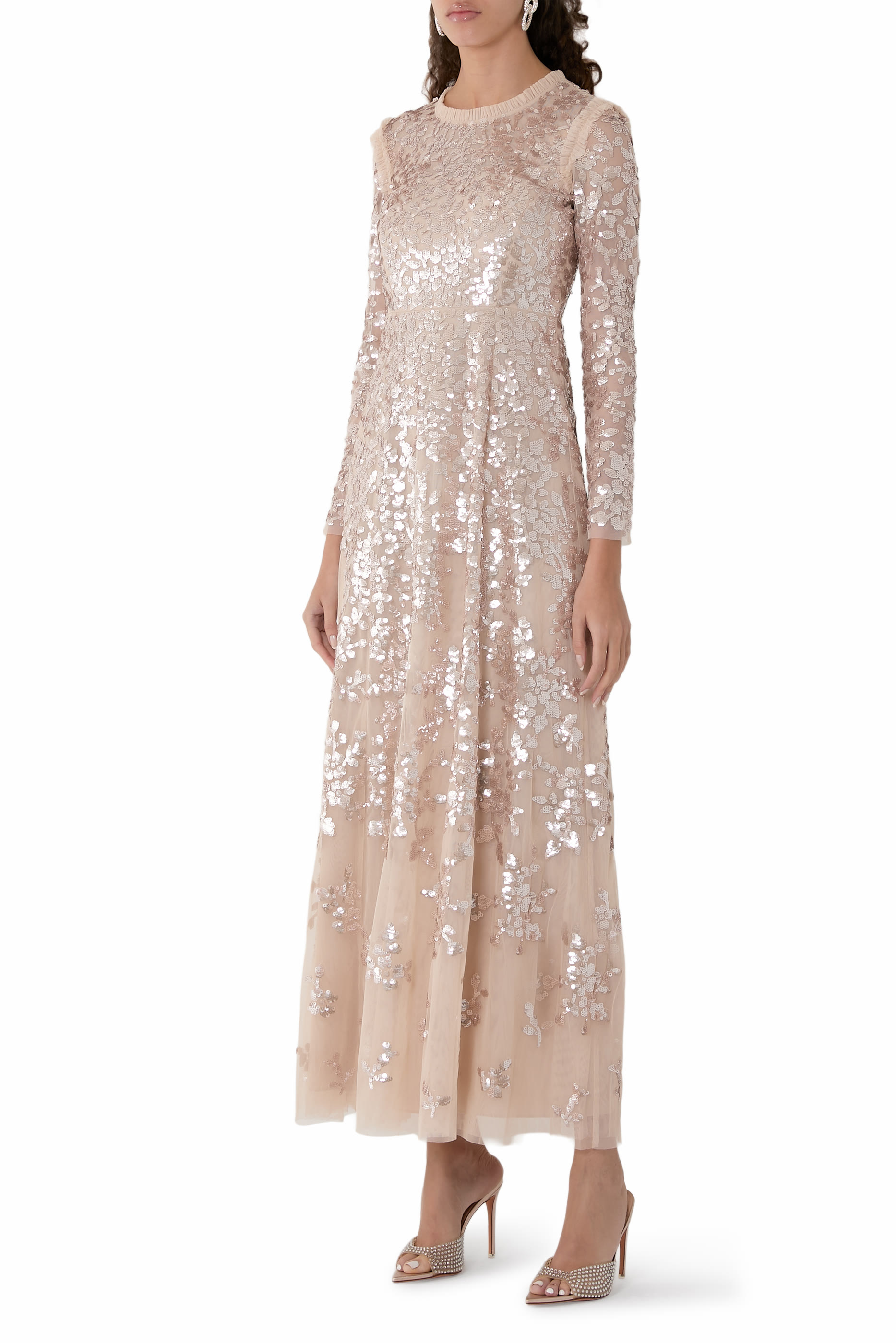 فستان سهرة روزانا بياقة مستديرة ونقشة بتصميم شبكي