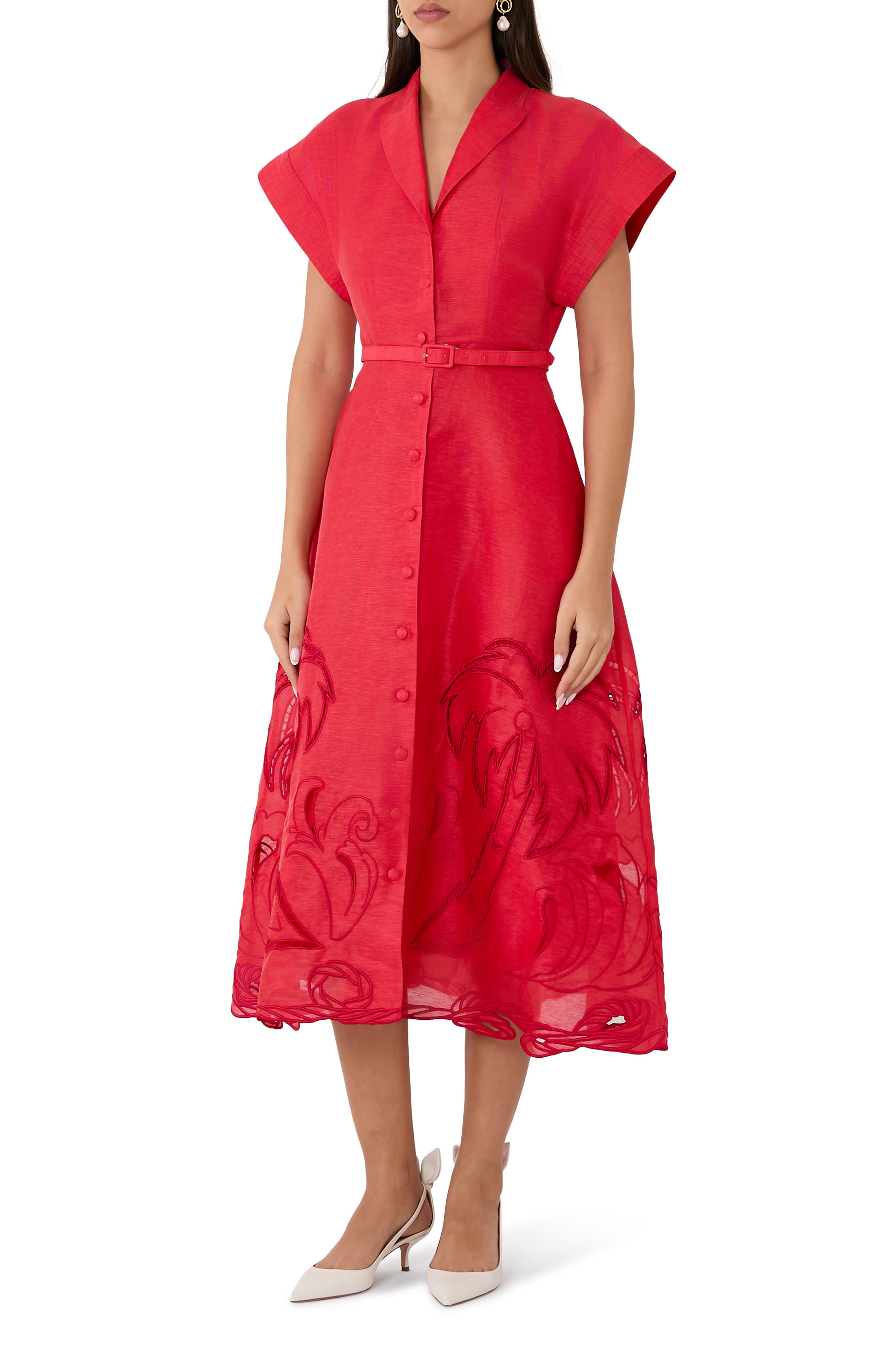 فستان أوبري متوسط الطول بنمط قميص بتطريز نخل