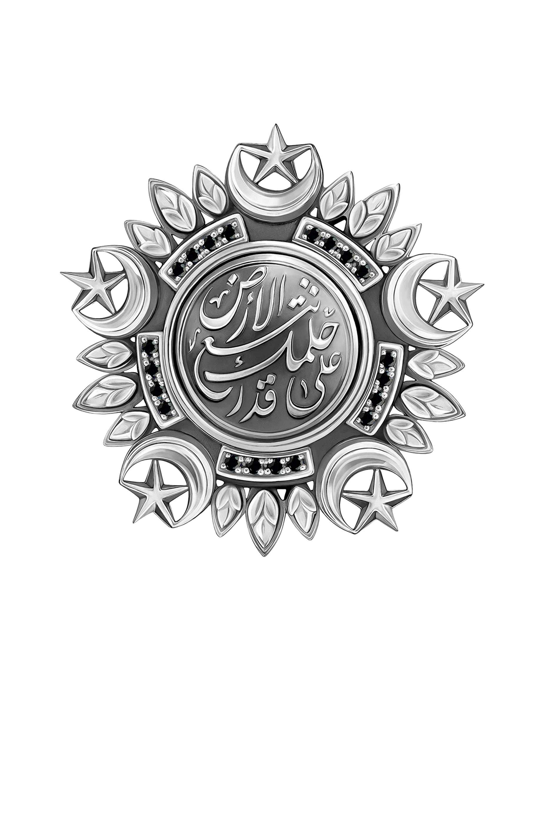 بروش بتصميم ميدالية مرصع بالماس الأسود، فضة إسترلينية