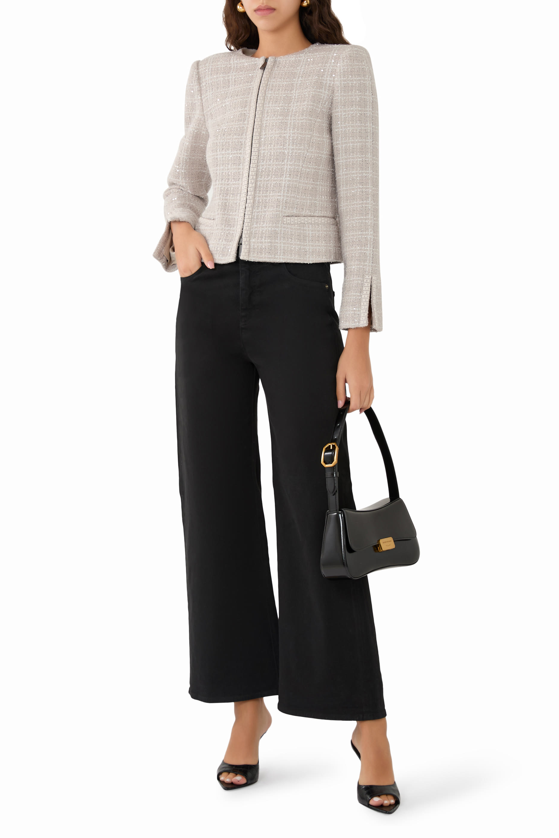 بنطال جينز جي 33 قصير بخصر متوسط الارتفاع وقصة ساق واسعة