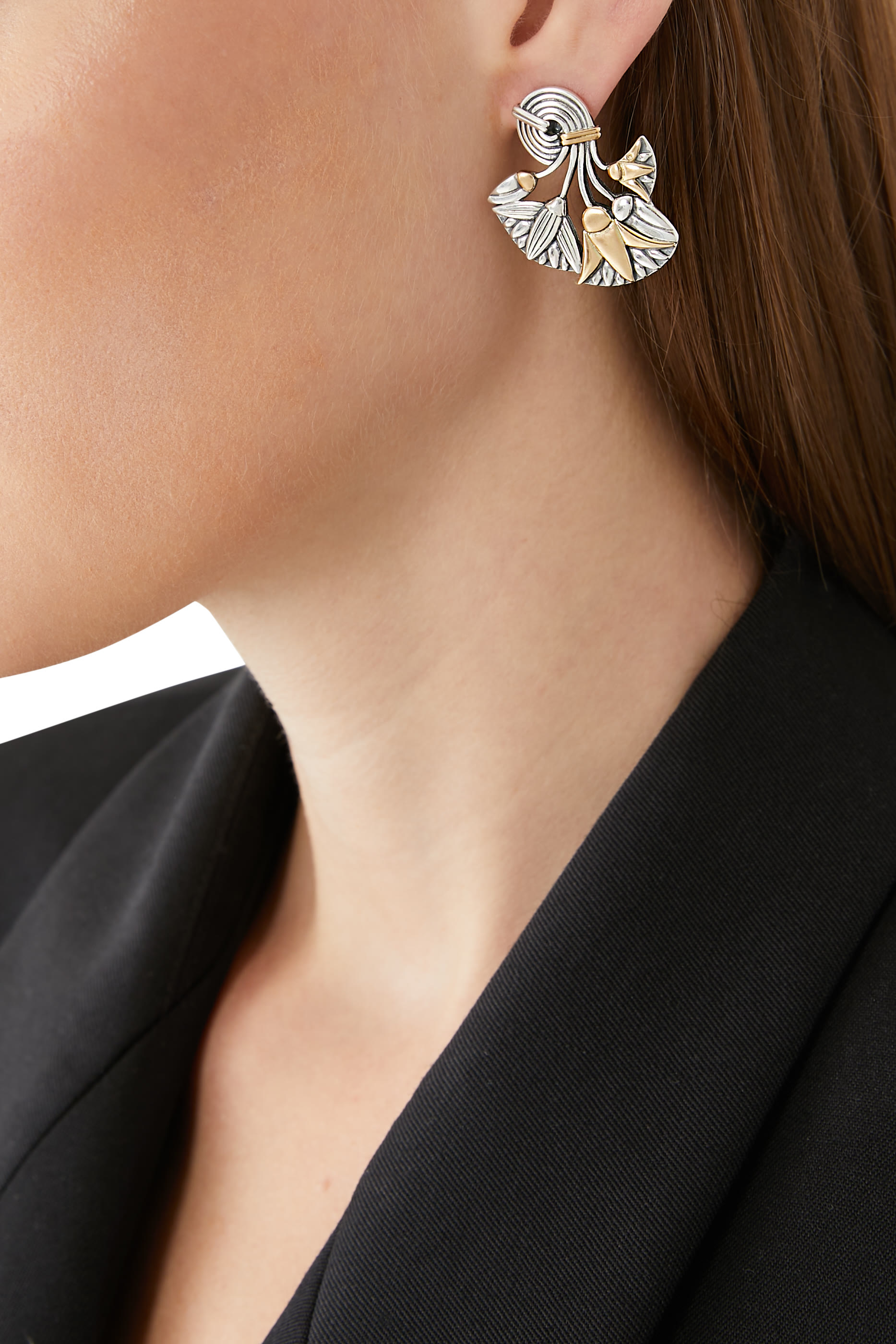 أقراط ستيتمنت بتصميم باقة زهور لوتس ذهب أصفر عيار 18 وفضة استرلينية