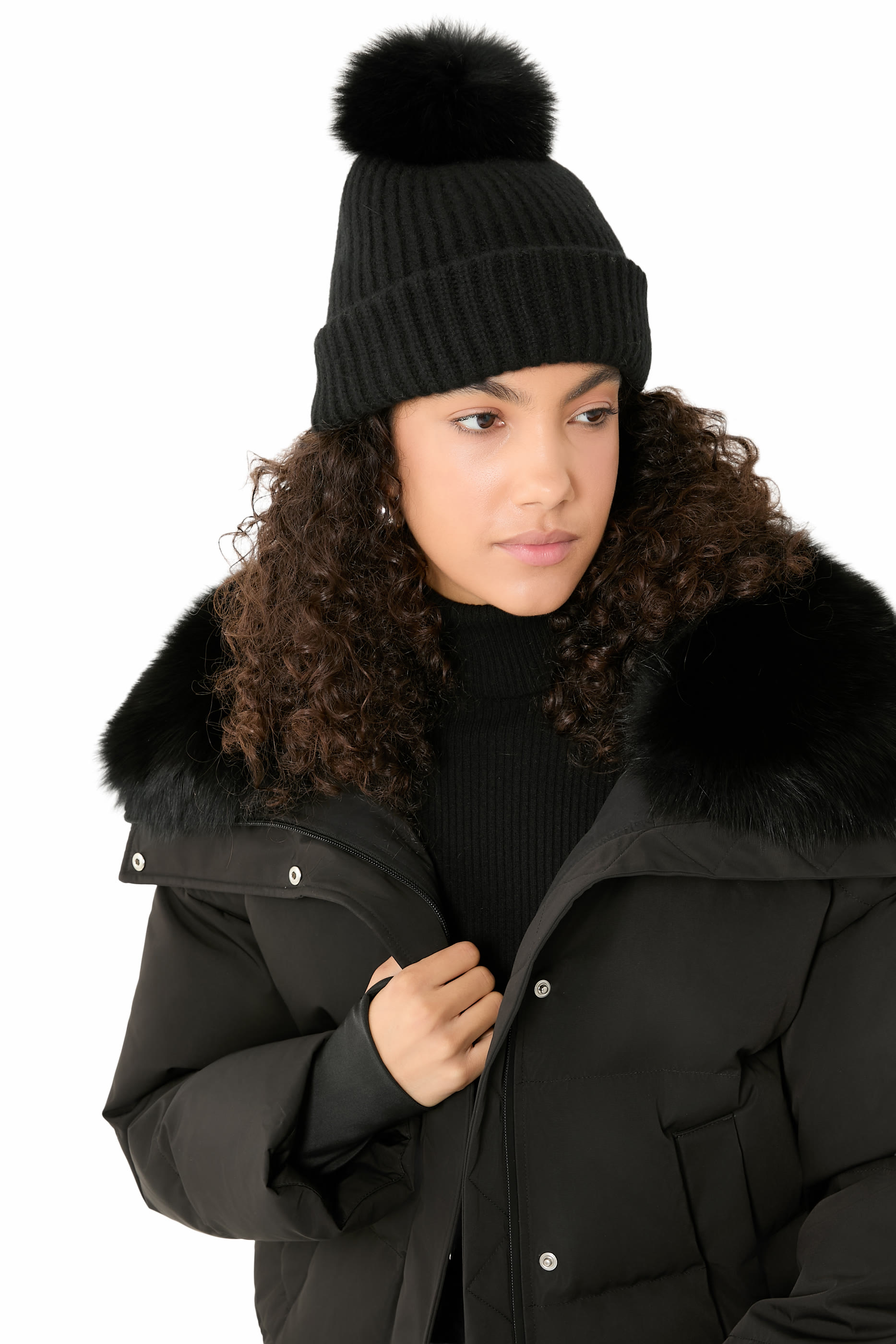 قبعة بيني كشمير منسوجة بكرة بوم بوم من فرو الثعلب