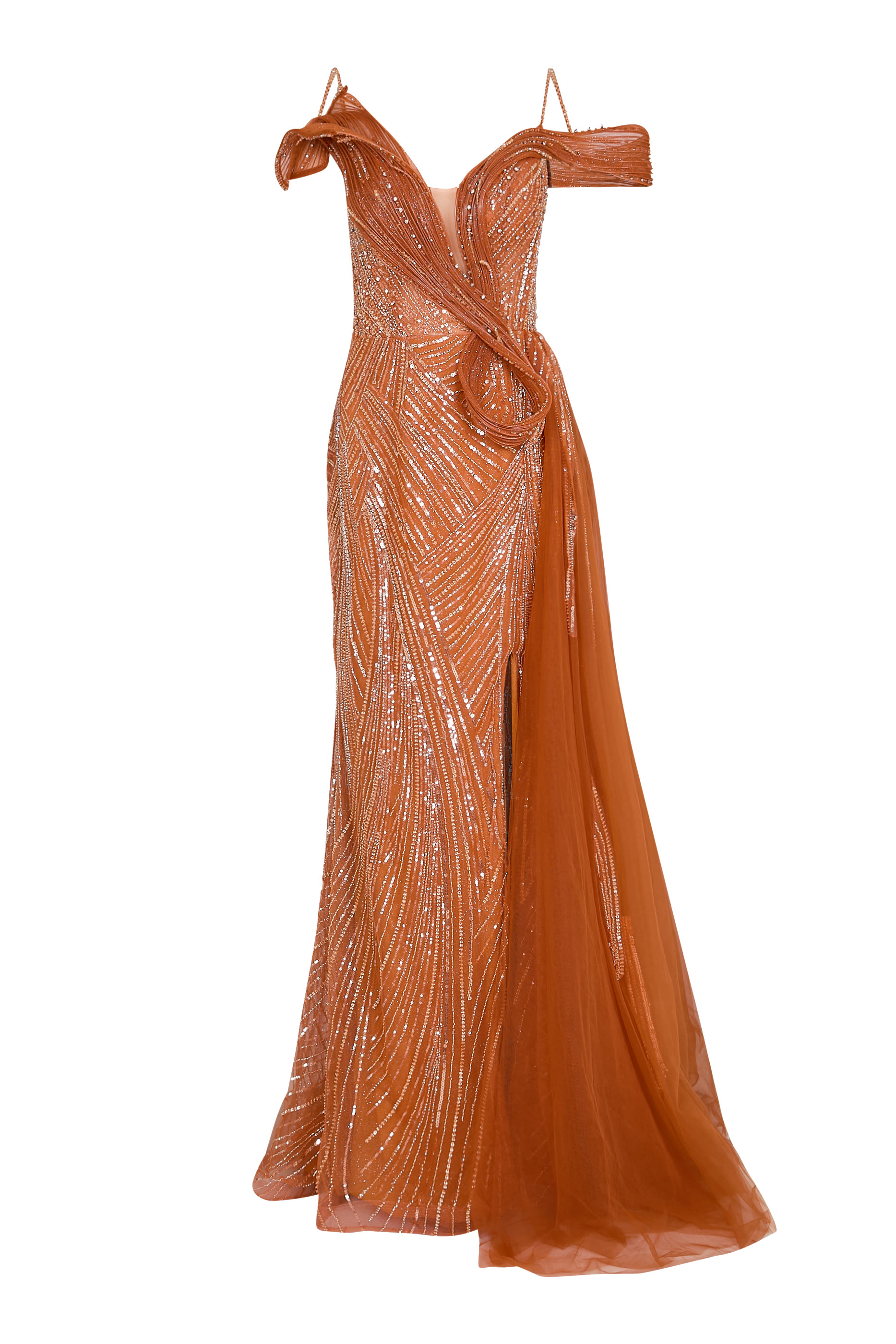 فستان سهرة بأكتاف مكشوفة وخرز