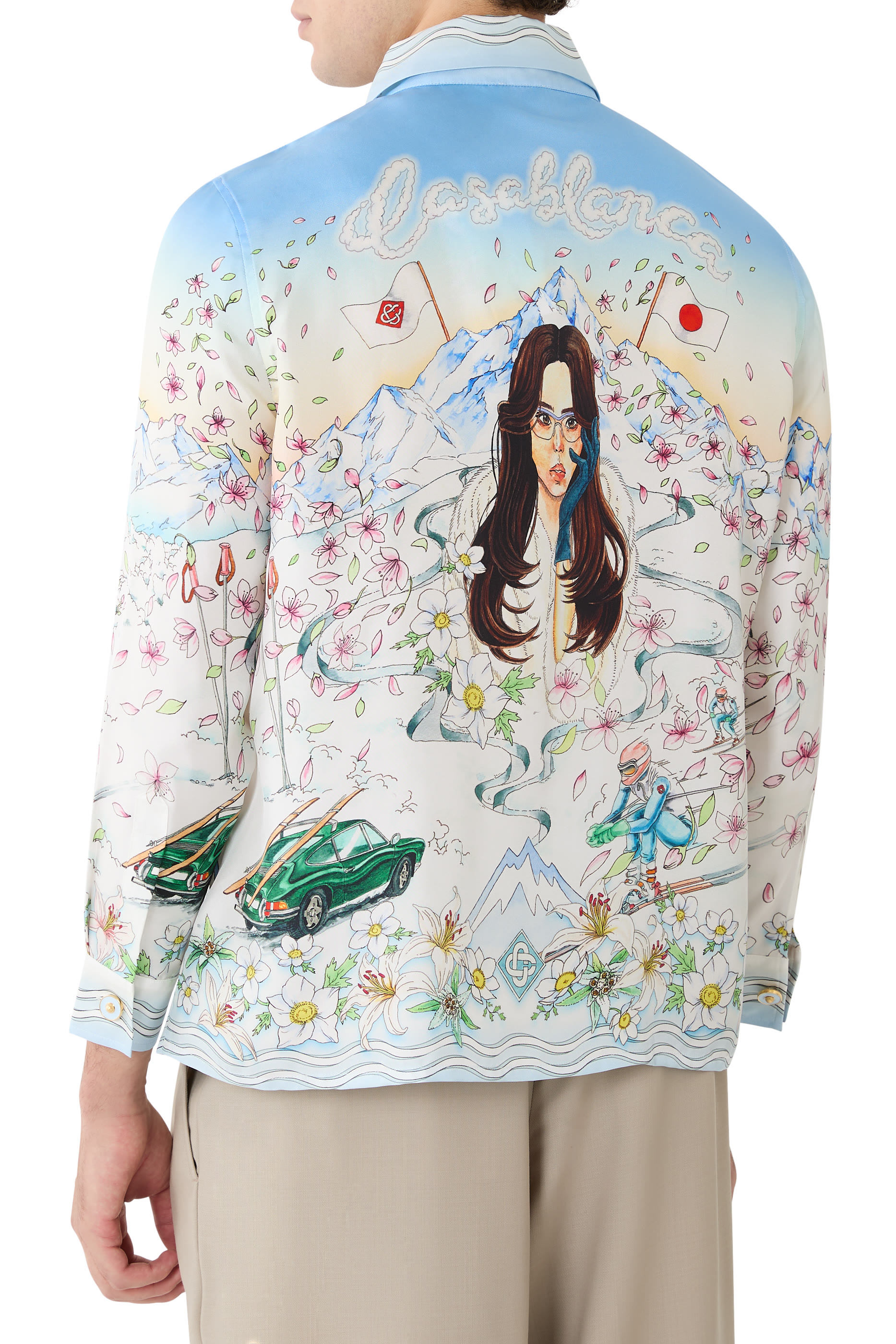 قميص ليفِر فلوري بأكمام طويلة حرير تويل