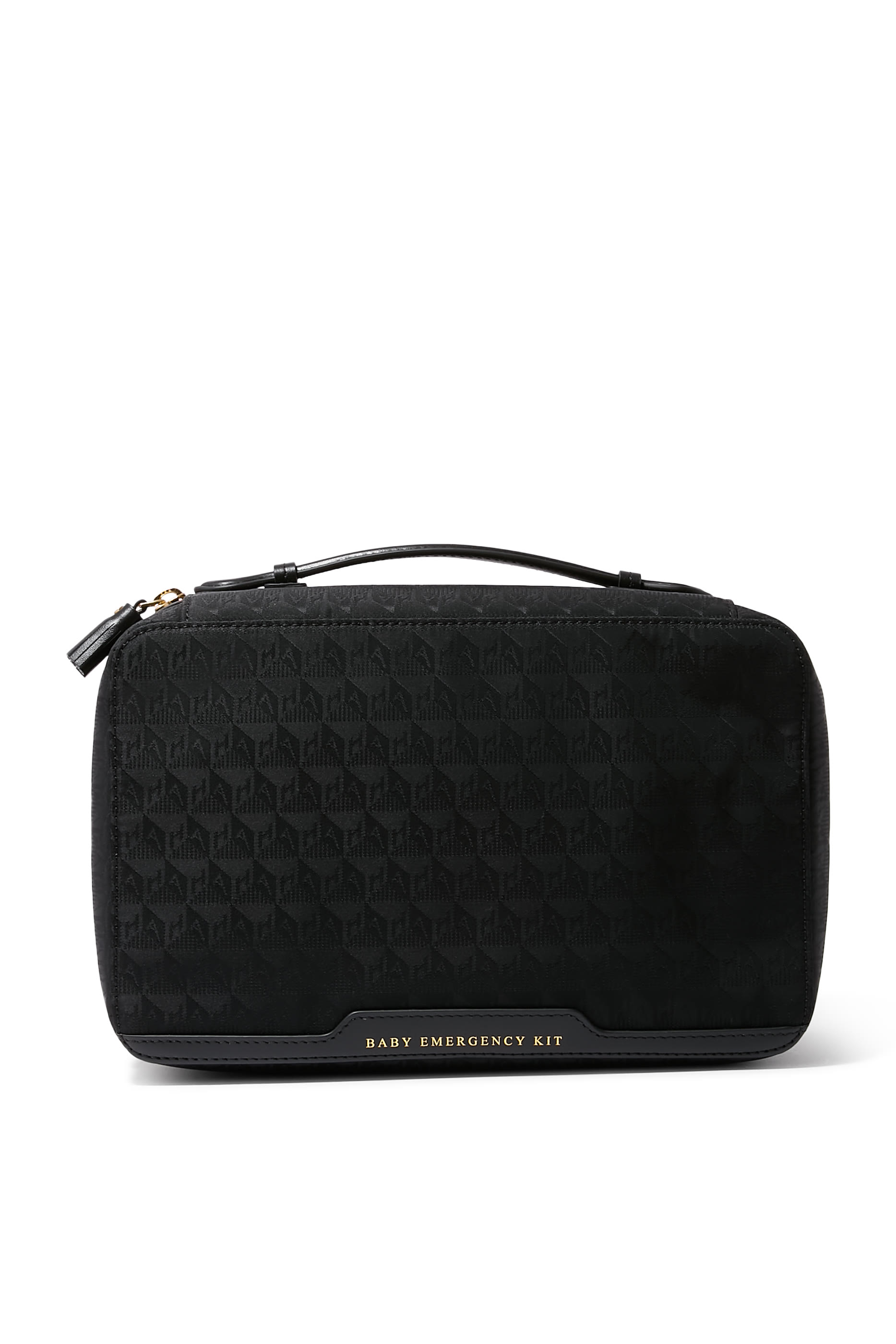 حقيبة صغيرة بشعار الماركة ونقشة عبارة بايبي ايمرجنسي كيت