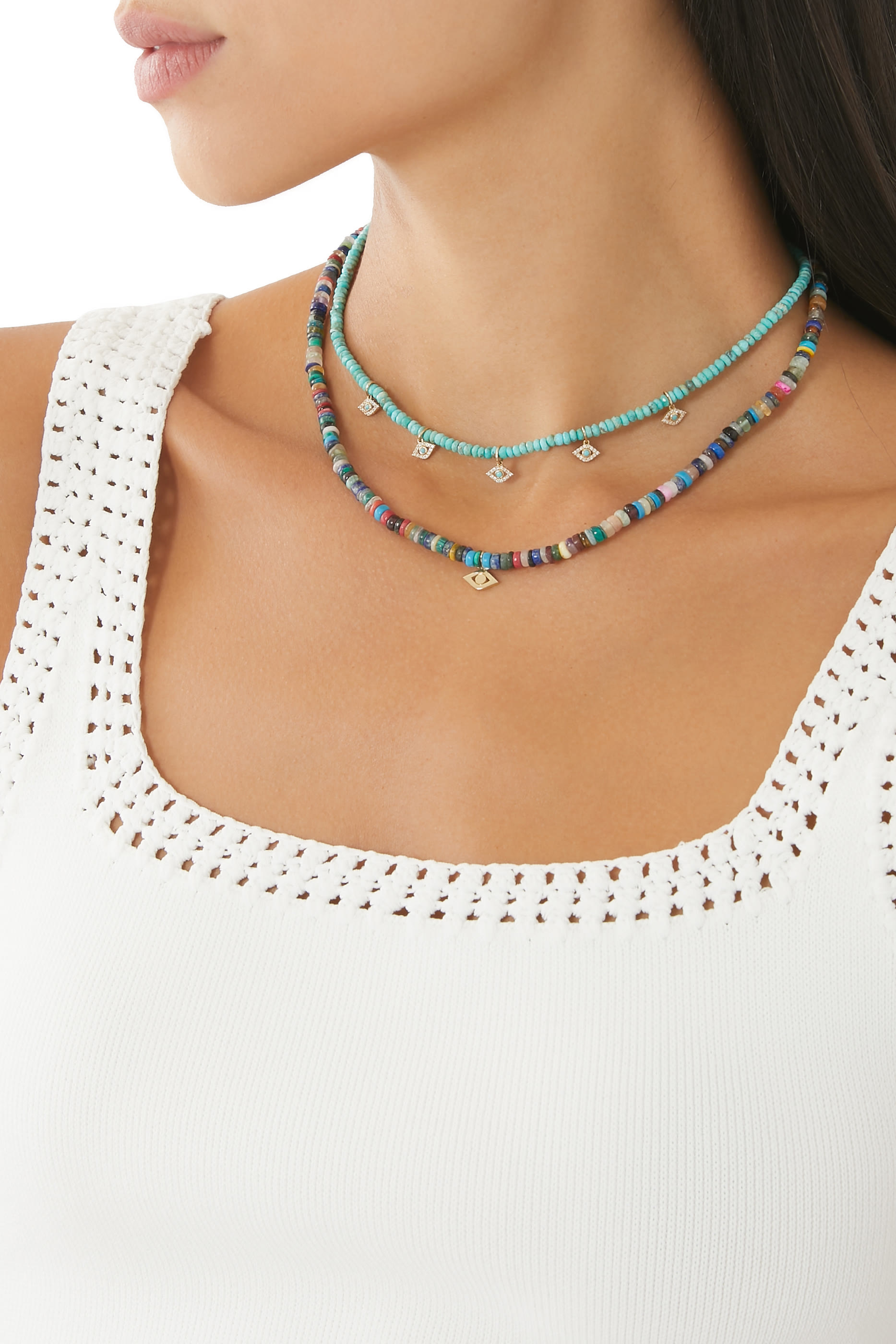 قلادة بخرز هيشي ودلاية بتصميم عين حسود ذهب أصفر عيار 14