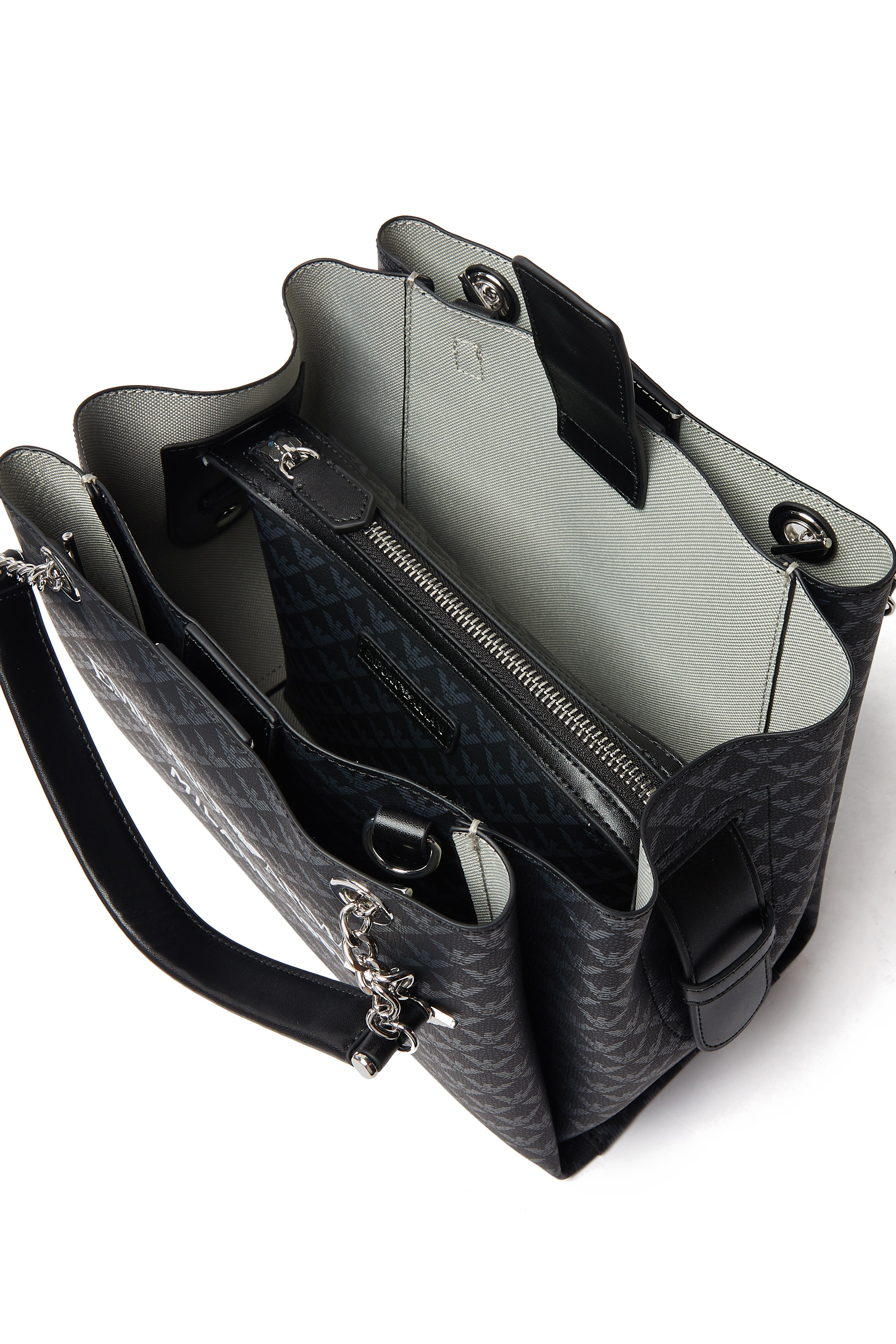 حقيبة يد مزينة كليا بنقشة شعار الماركة وحلية النسر