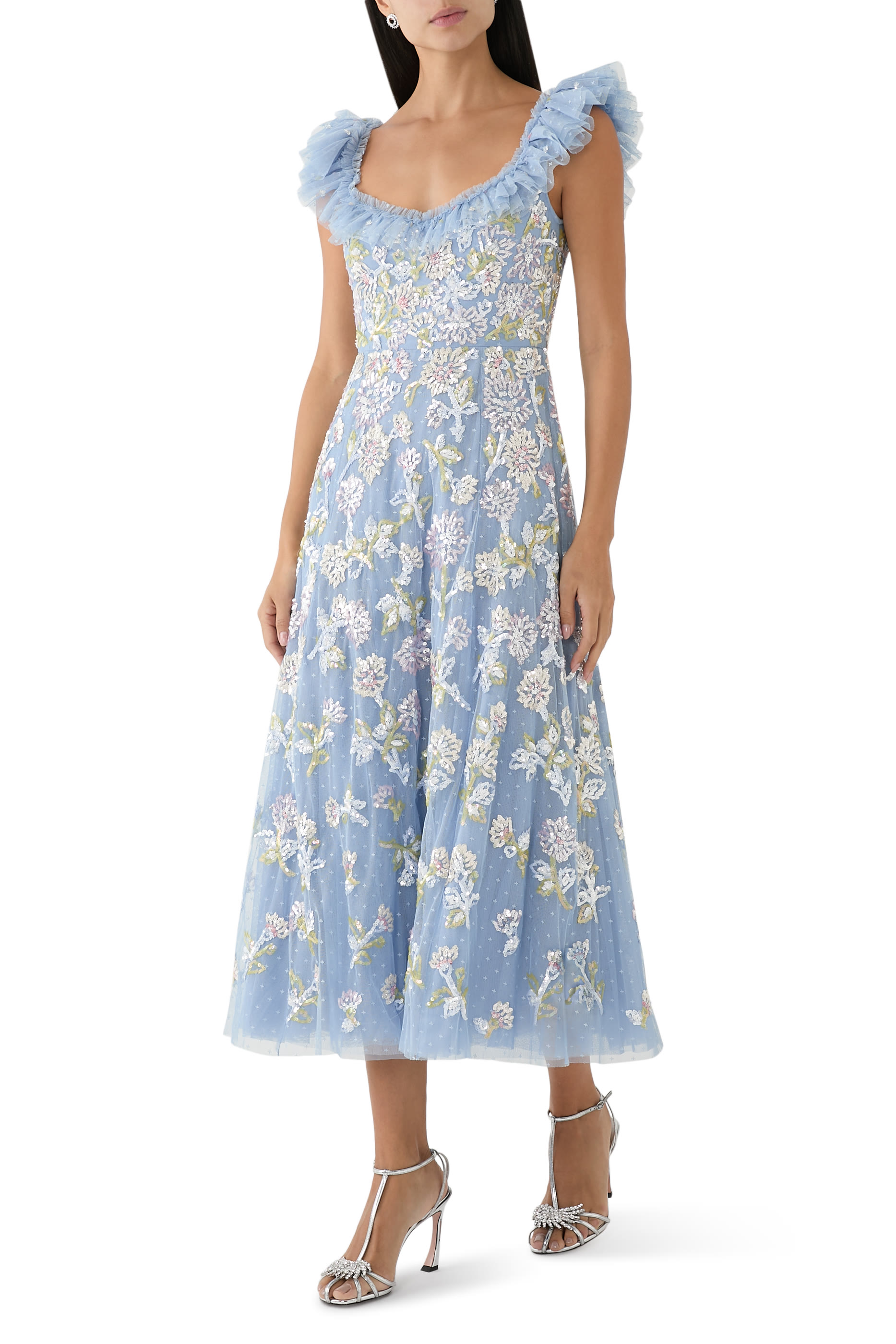 فستان باليرينا بكشكش ونقشة زهور الهندباء مطرزة بالترتر