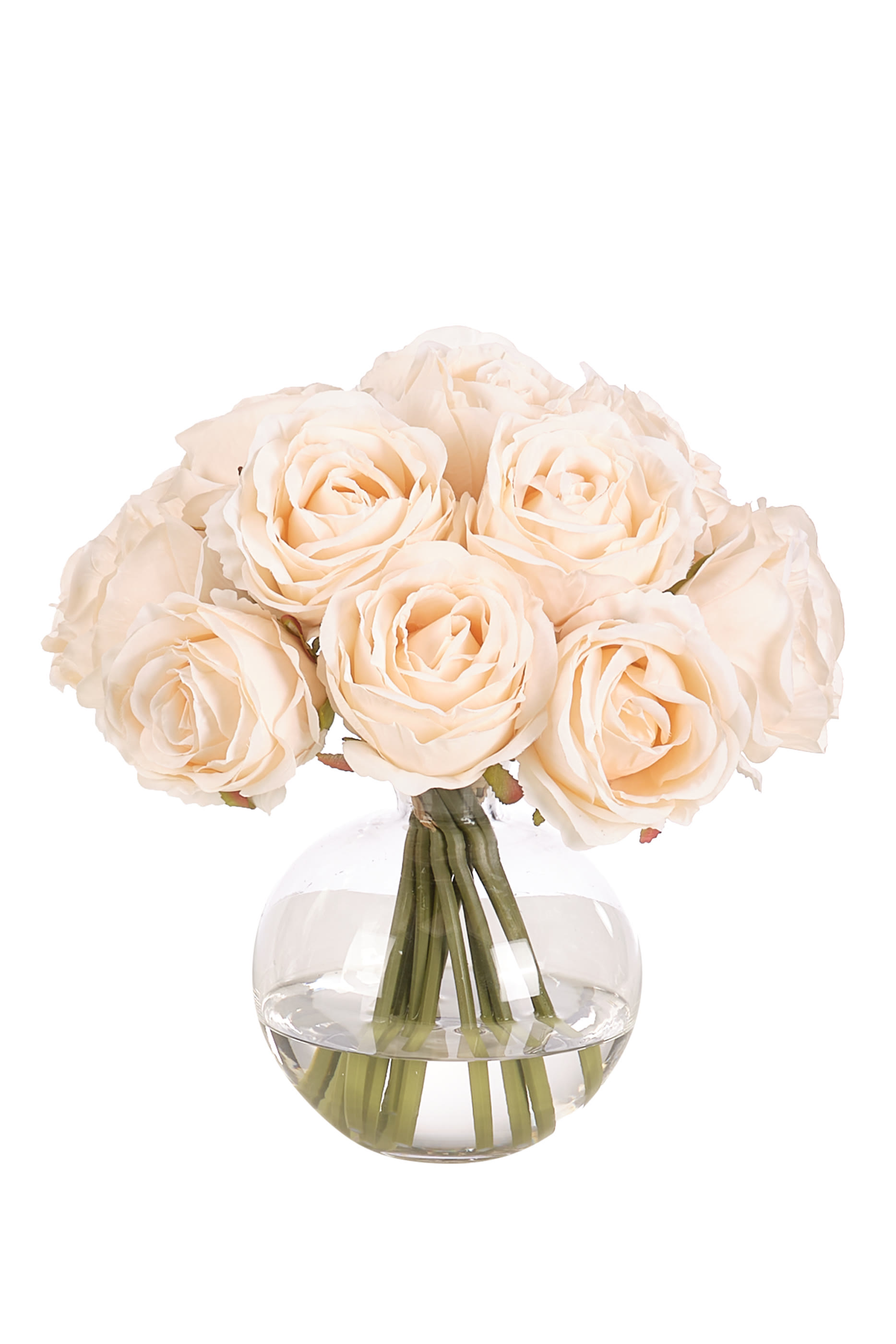 باقة زهور في مزهرية زجاجية دائرية