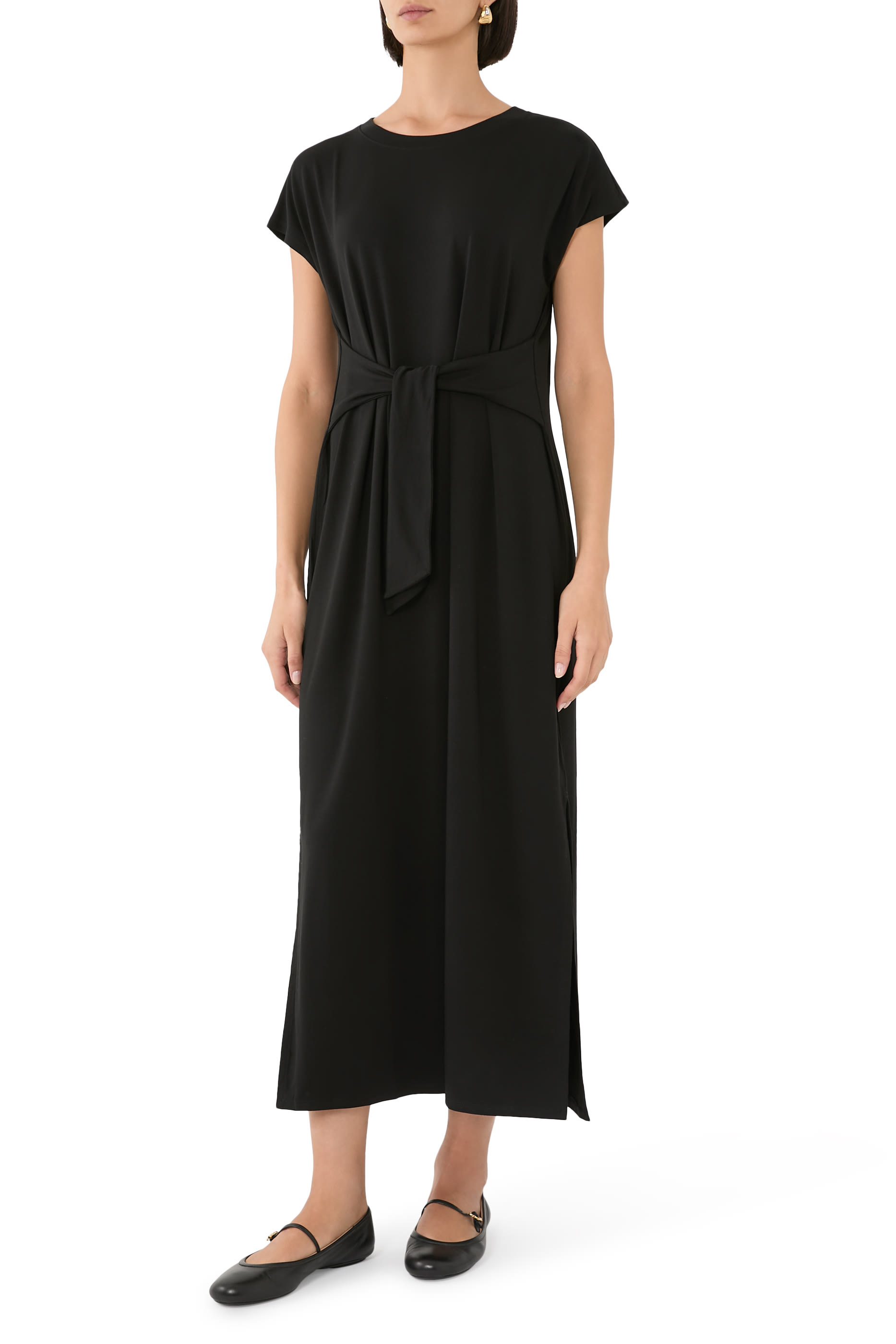 فستان متوسط الطول بأكمام بأكمام كاب وربطة في الأمام خامة منسوجة