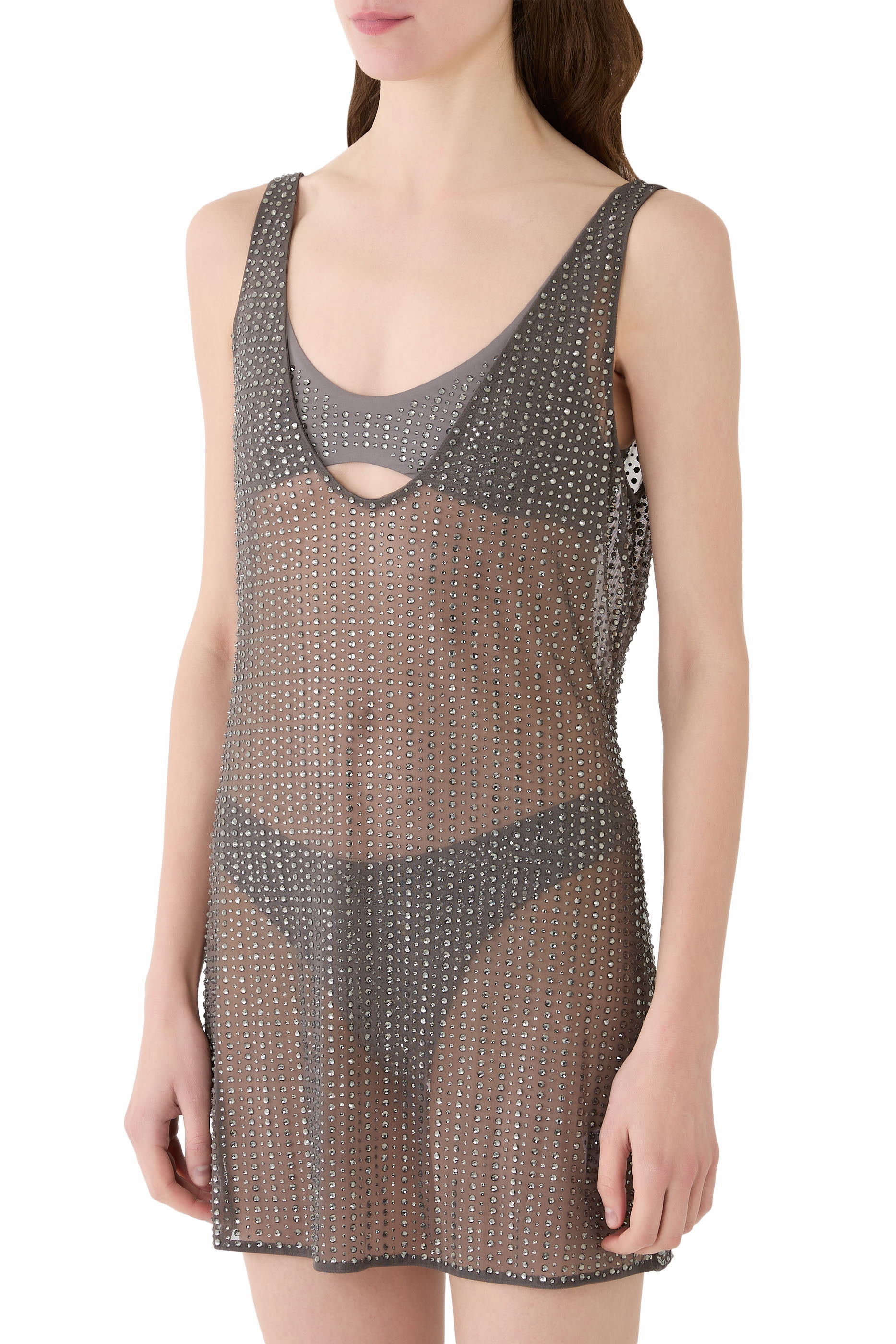 فستان قصير مرصع بالكريستال بالكامل